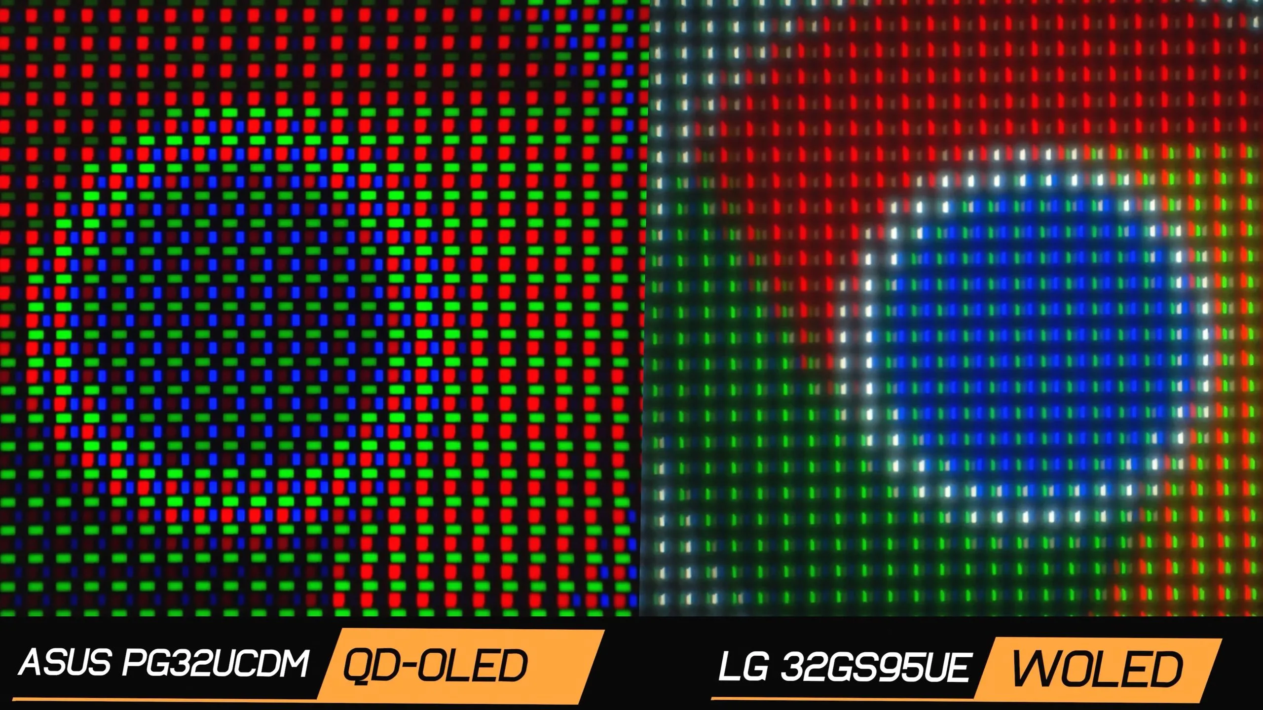 Minh họa các cách sắp xếp subpixel khác nhau trên tấm nền màn hình OLED của Asus và LG, ảnh hưởng đến độ sắc nét văn bản.
