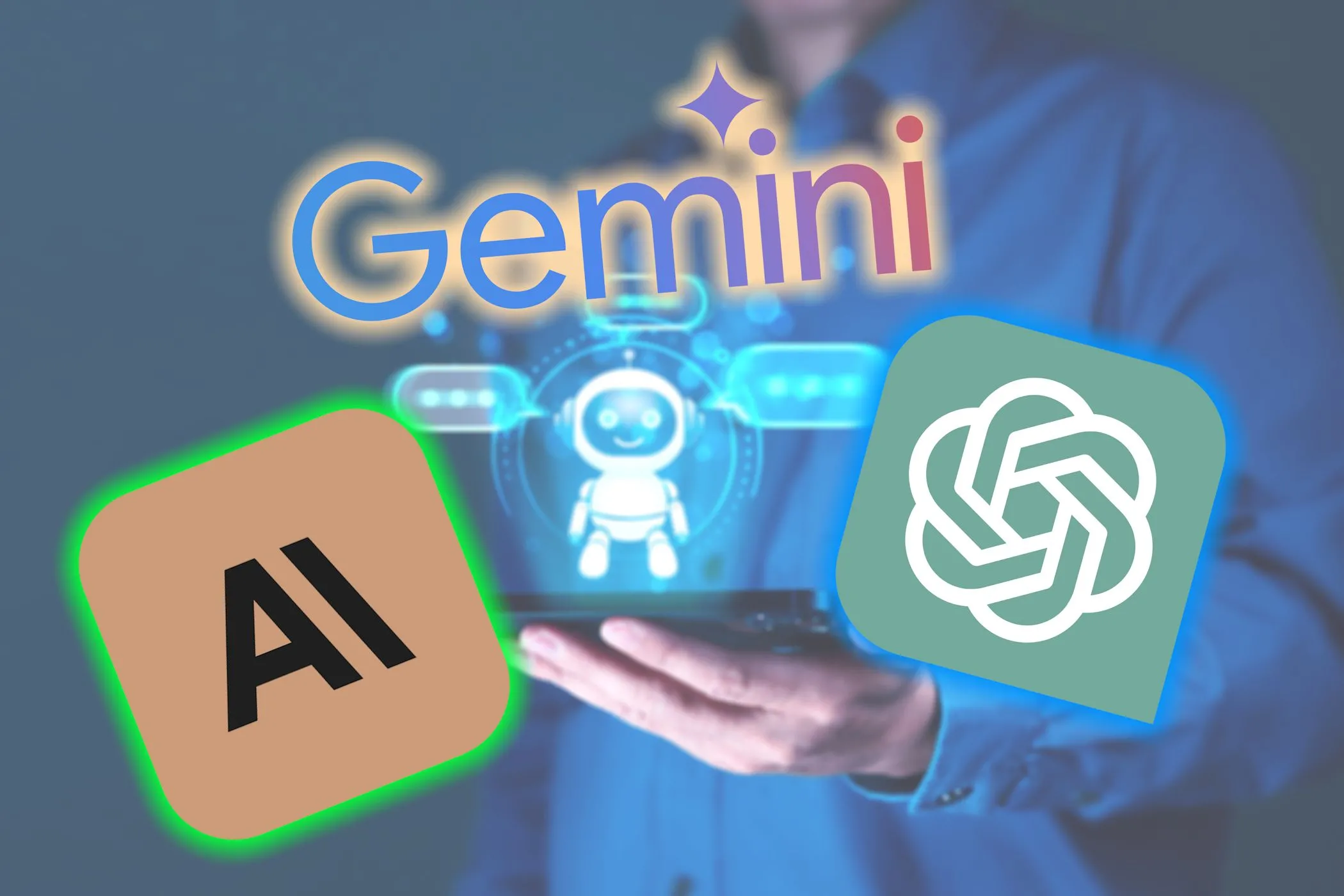 Minh họa các logo AI phổ biến như Gemini, ChatGPT, Claude và hình ảnh chatbot tương tác, đại diện cho công cụ AI miễn phí và trả phí.