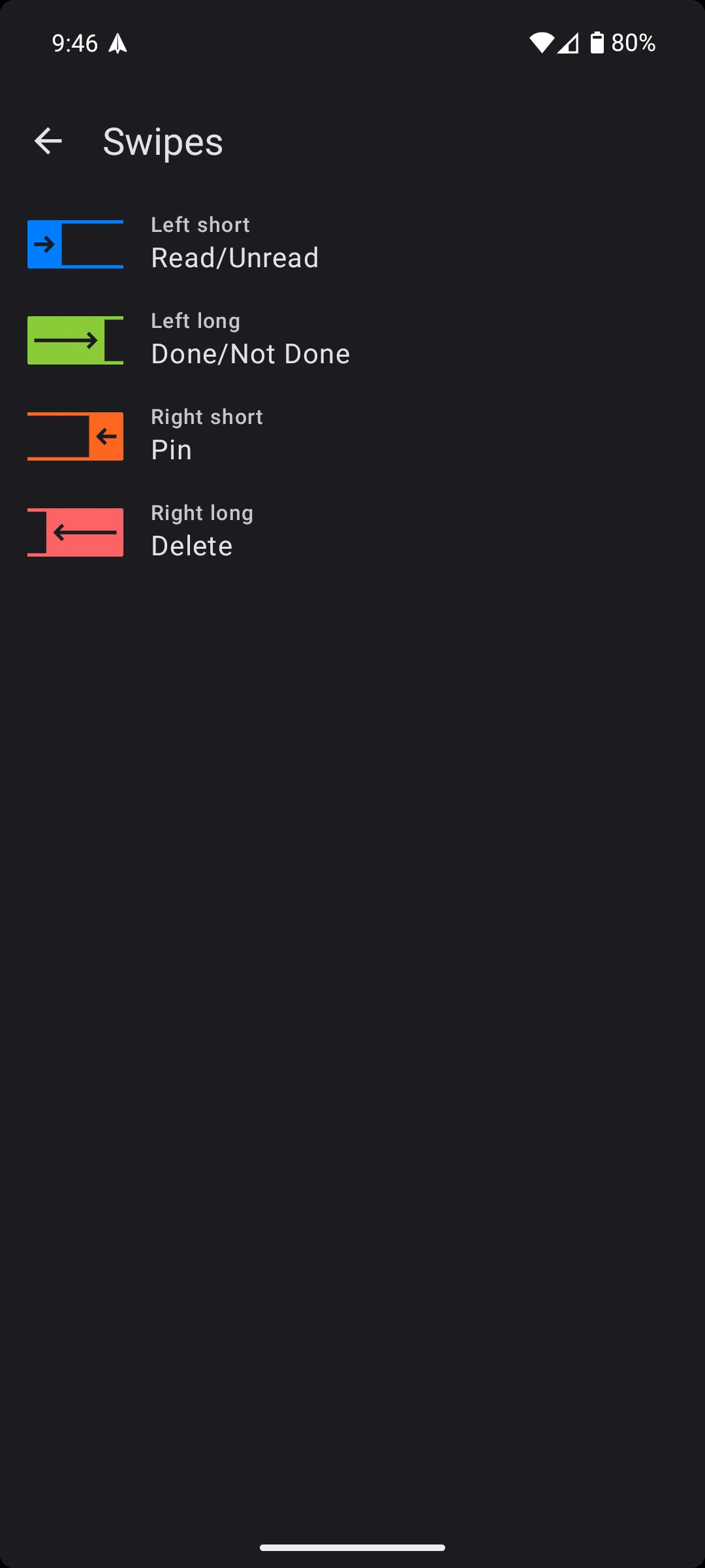 Minh họa các thao tác vuốt trên ứng dụng Spark Mail Android để quản lý email nhanh chóng (đánh dấu đã đọc, ghim, xóa).