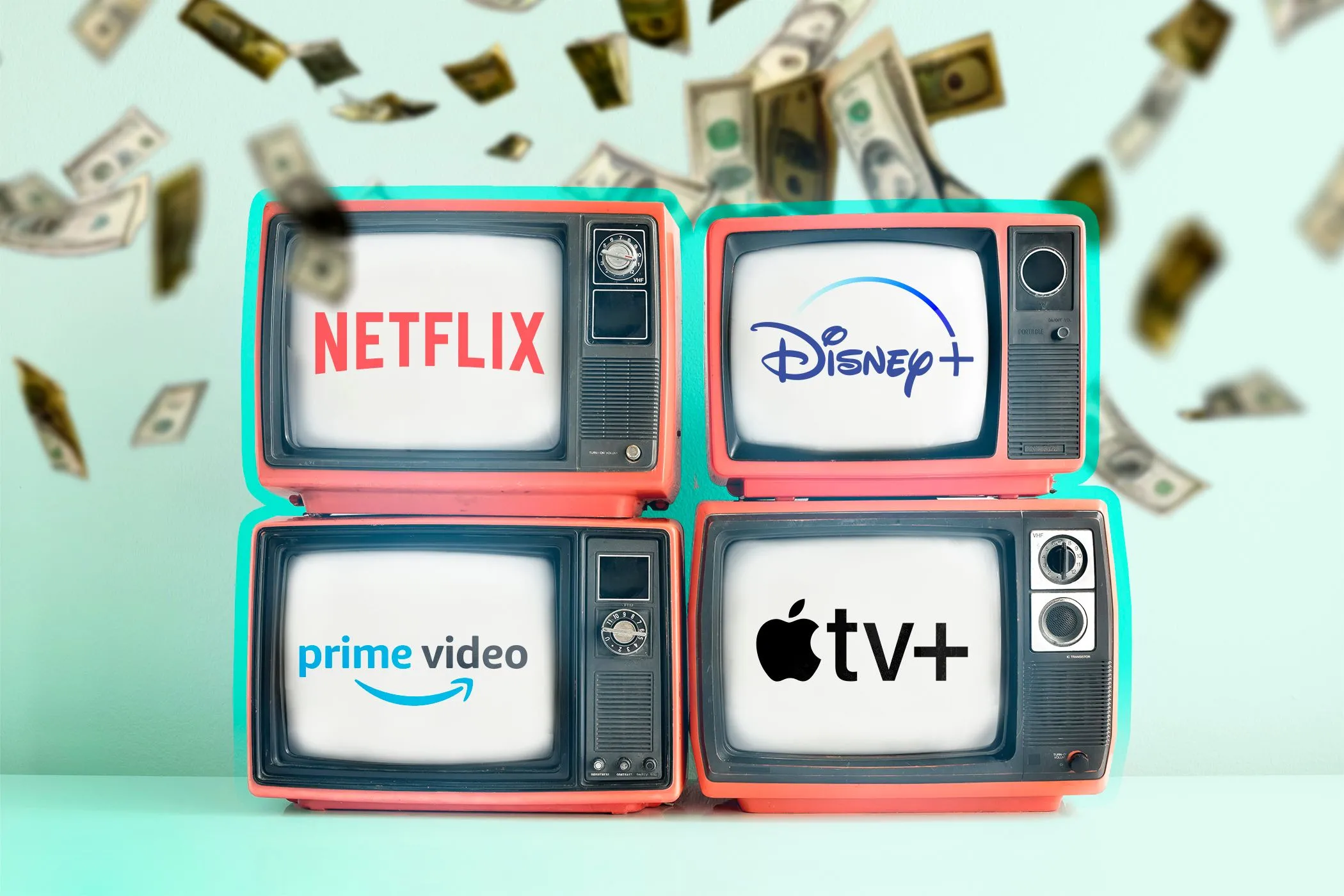 Minh họa các TV thông minh hiển thị logo dịch vụ streaming và tiền rơi, tượng trưng cho việc kiếm tiền từ dữ liệu người dùng
