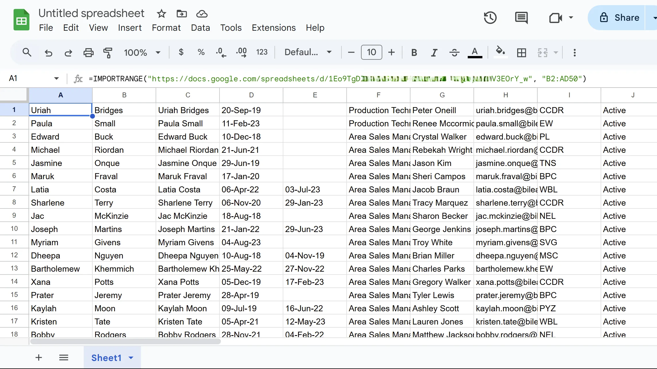 Minh họa cách hàm IMPORTRANGE nhập dữ liệu từ một bảng tính Google Sheets khác