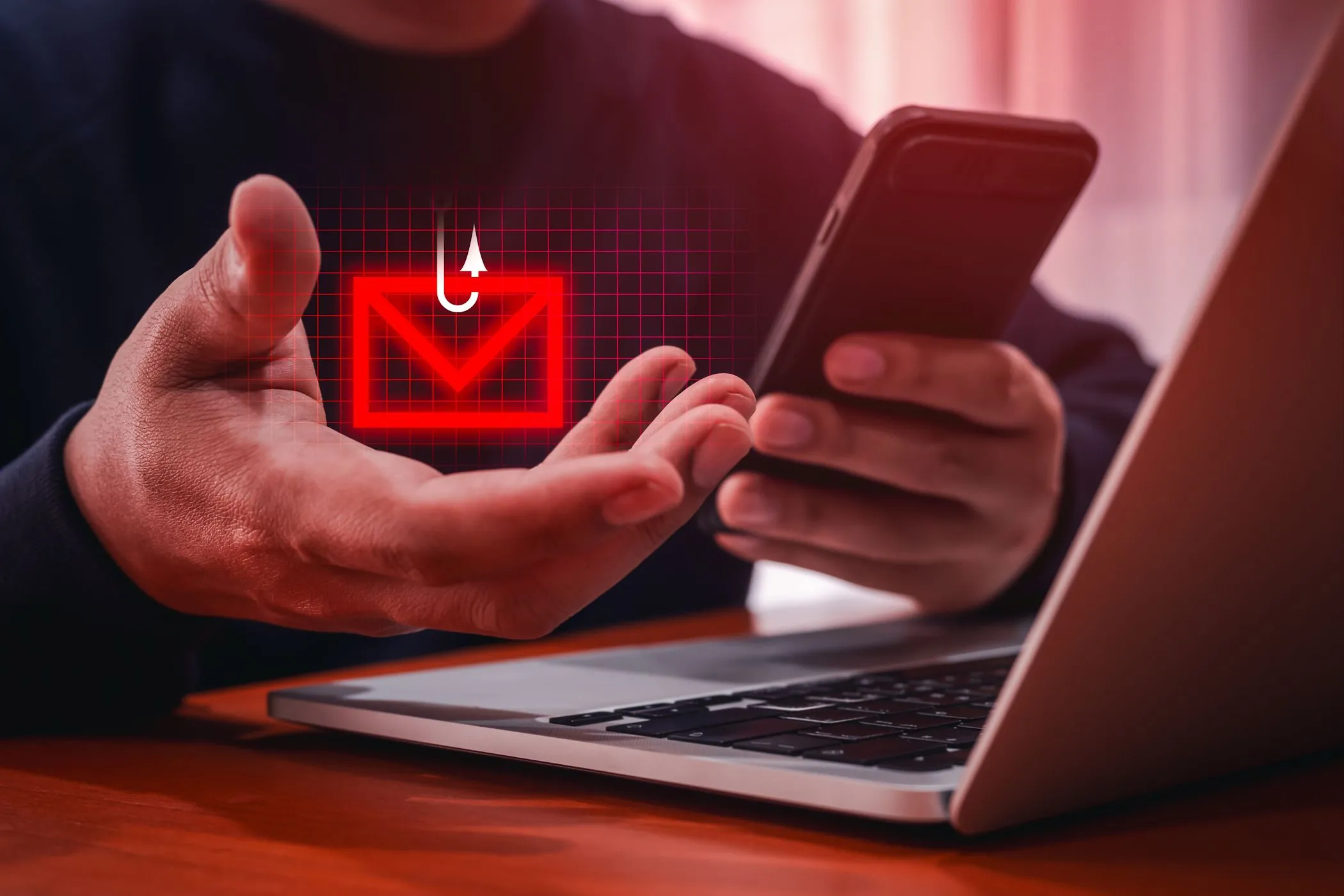 Minh họa cảnh báo về cuộc tấn công smishing, với hình ảnh biểu tượng tin nhắn và email gần laptop, nhấn mạnh rủi ro lừa đảo qua tin nhắn.