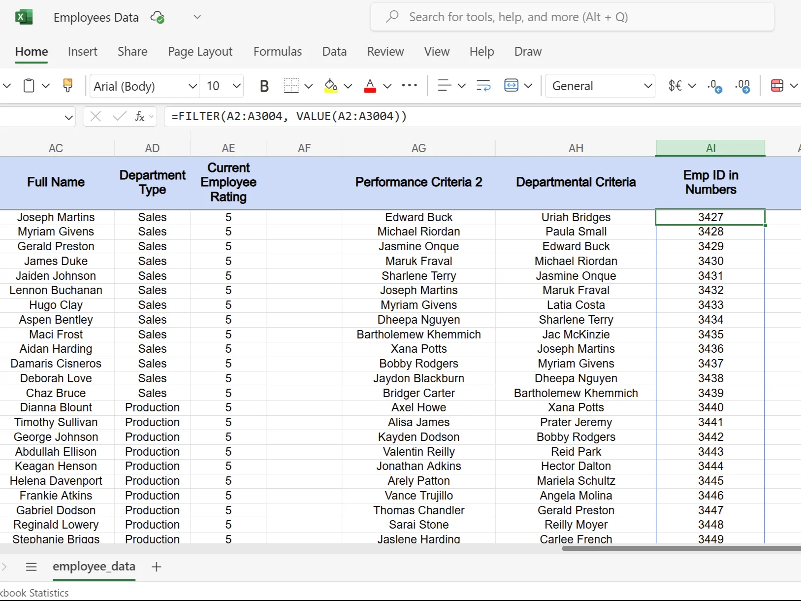 Minh họa chuyển đổi ID nhân viên sang số trong Excel bằng hàm VALUE