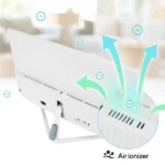 Minh họa công nghệ Nano-ion lọc không khí trên màn hình Asus VU Air Ionizer, biểu thị luồng khí ion hóa loại bỏ bụi và phấn hoa.