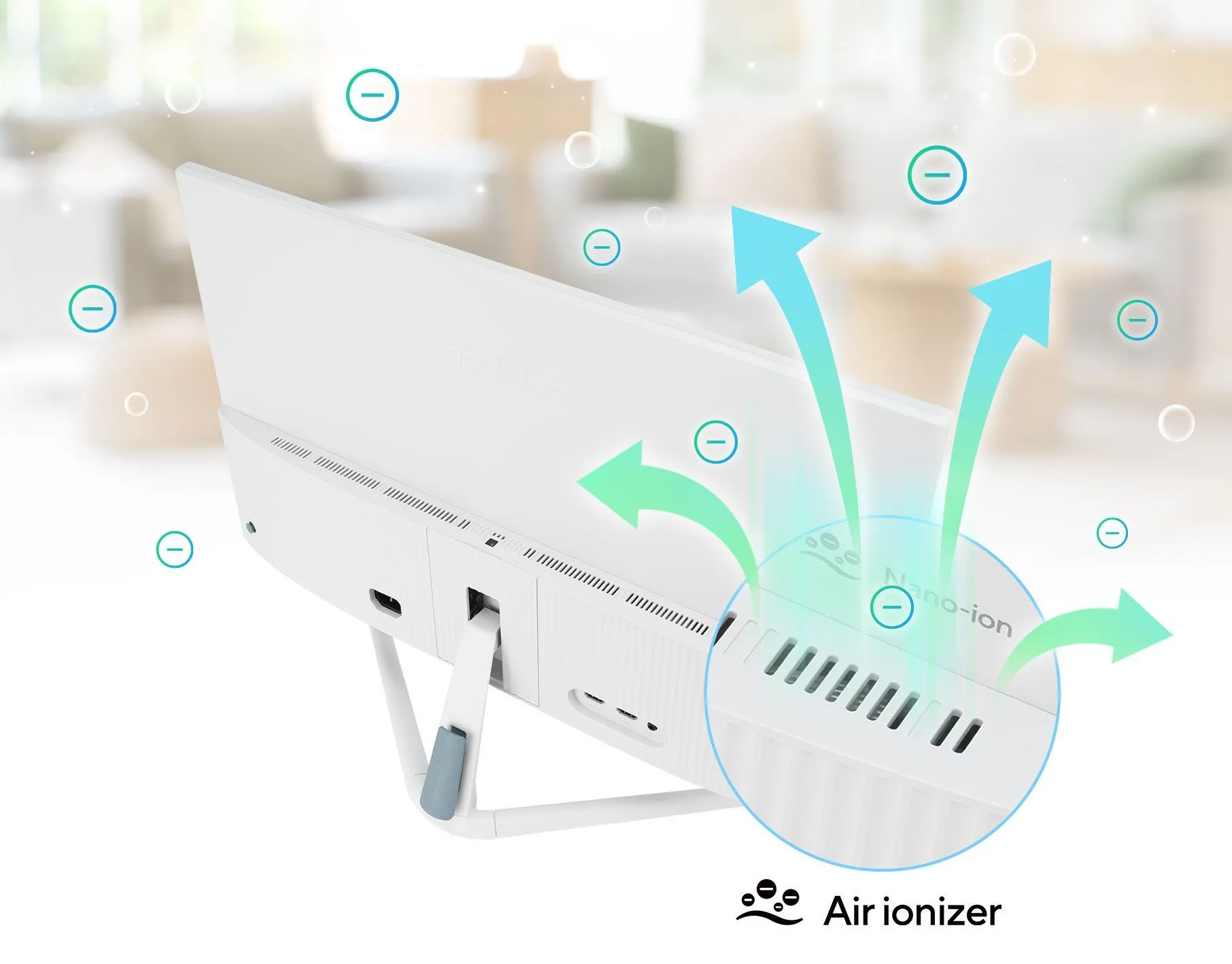 Minh họa công nghệ Nano-ion lọc không khí trên màn hình Asus VU Air Ionizer, biểu thị luồng khí ion hóa loại bỏ bụi và phấn hoa.