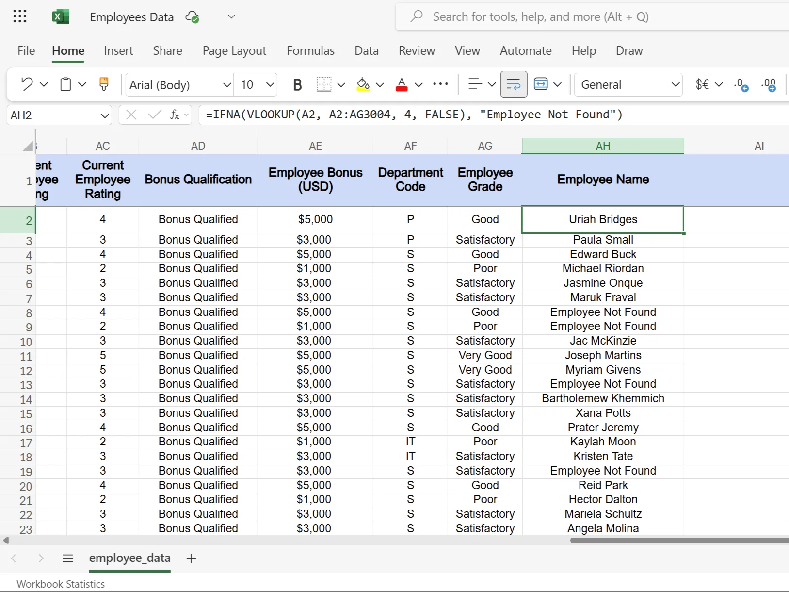 Minh họa hàm IFNA trong Excel xử lý lỗi #N/A khi không tìm thấy nhân viên trong danh sách