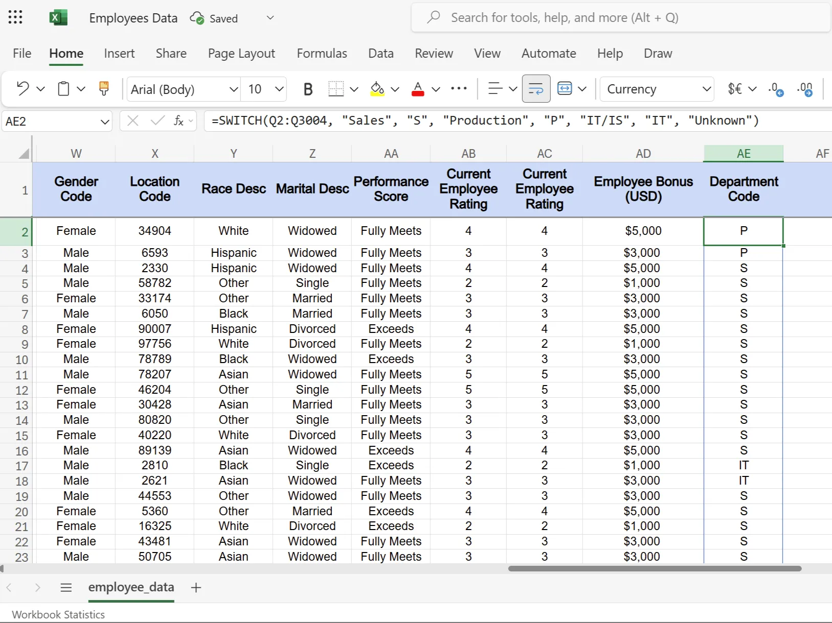 Minh họa hàm SWITCH trong Excel chuyển đổi mã phòng ban thành tên đầy đủ