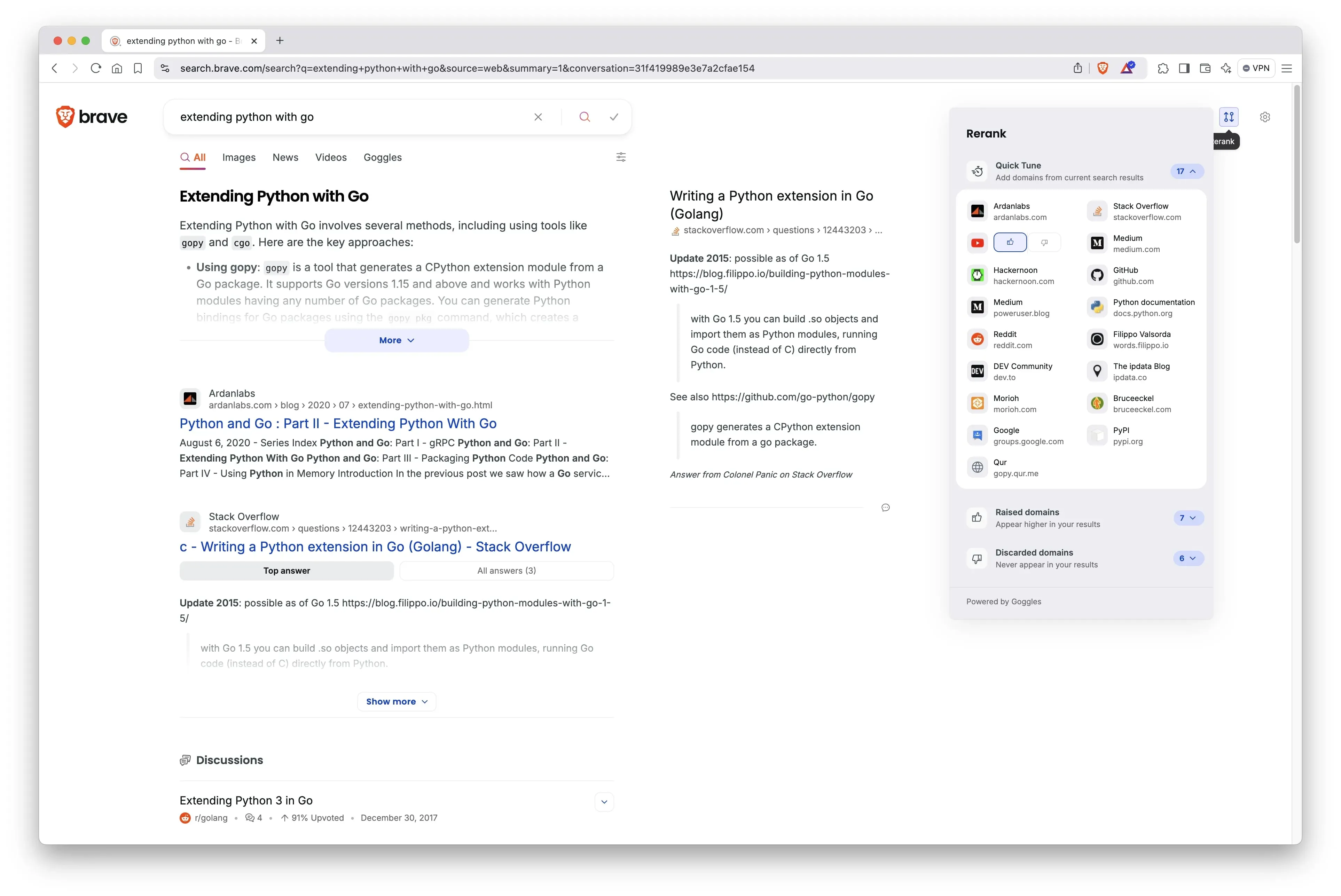 Minh họa tính năng Rerank của Brave Search với thao tác 'raise' một trang web, giúp tùy chỉnh kết quả tìm kiếm cá nhân.