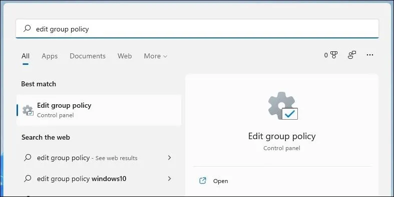 Mở Group Policy Editor bằng Windows Search trên Windows 11