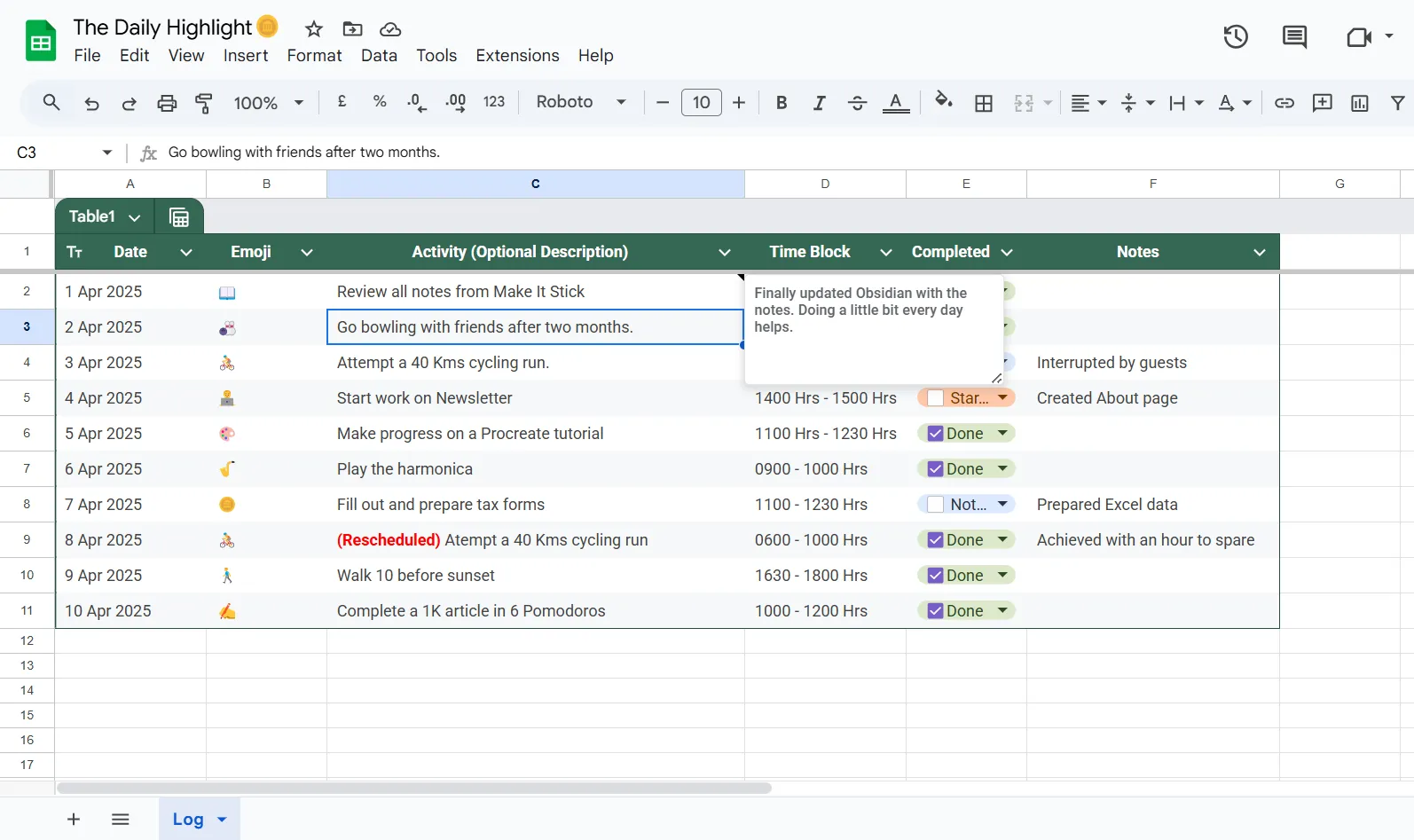 Mô hình My Daily Highlight trên Google Sheets giúp ưu tiên nhiệm vụ hàng ngày