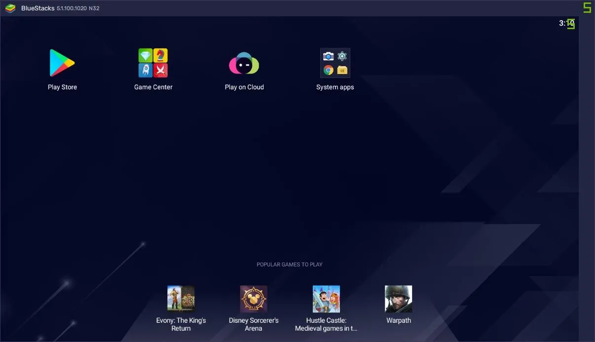 Mô phỏng trình giả lập BlueStacks chạy ứng dụng Android trên Windows 10, minh họa khả năng chạy ứng dụng di động trên máy tính xách tay.