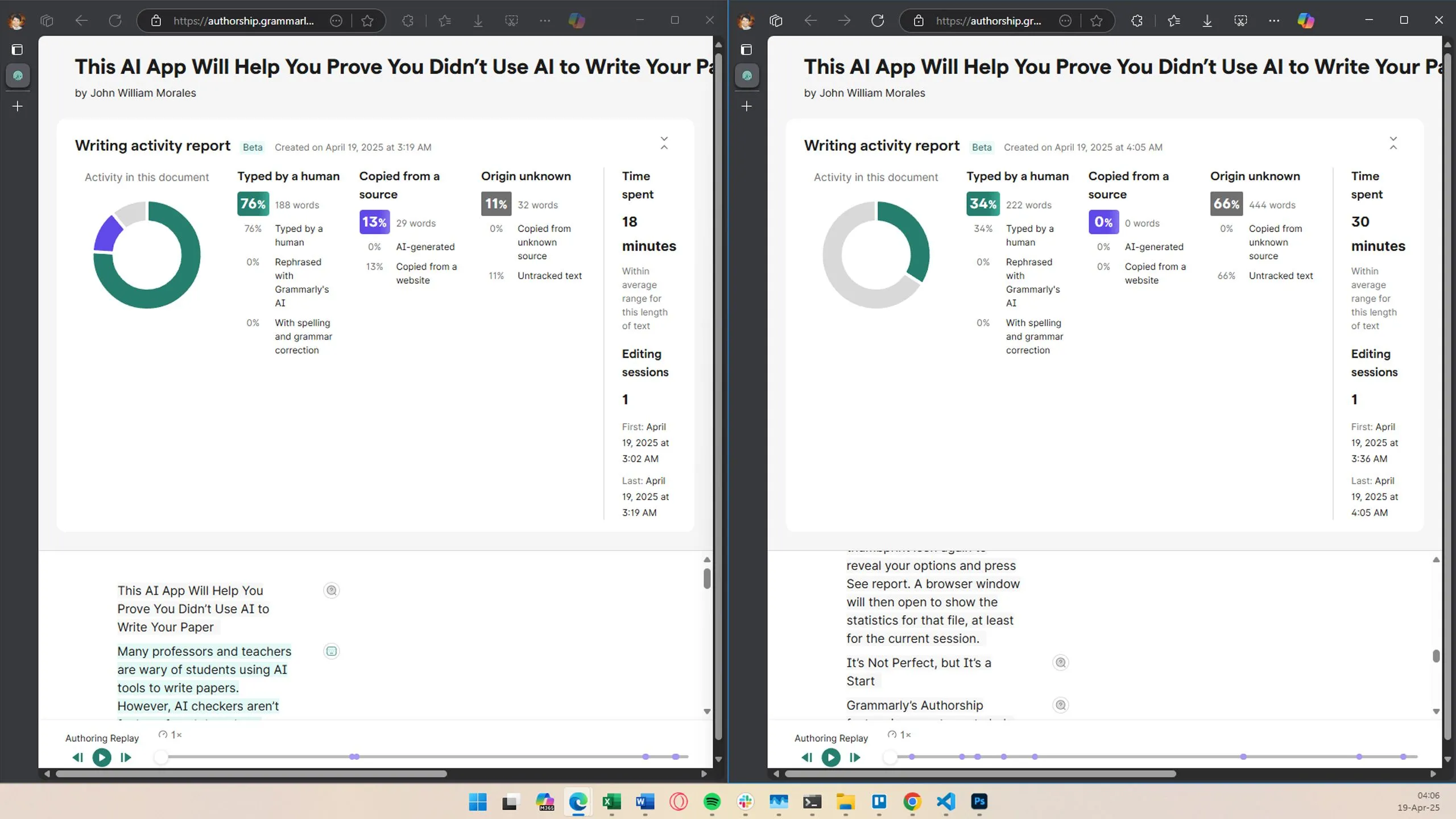 Mô tả lỗi Grammarly Authorship mất tiến độ theo dõi khi mở lại tệp, đánh dấu văn bản cũ là 'Origin unknown'