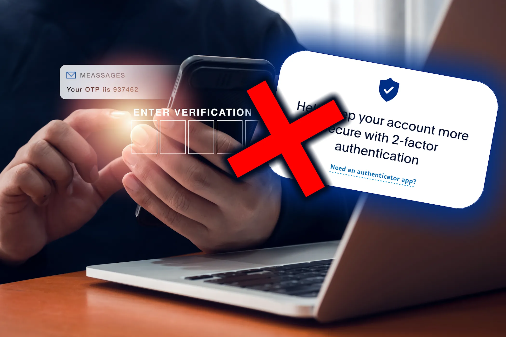 Mô tả rủi ro khi xác thực 2 yếu tố bằng tin nhắn SMS, với hình ảnh người dùng nhận mã không chính xác trên điện thoại.