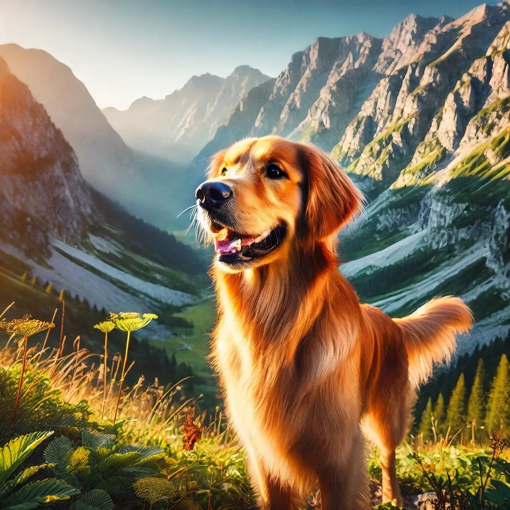 Một chú chó Golden Retriever trong khung cảnh núi non được tạo bởi DALL-E