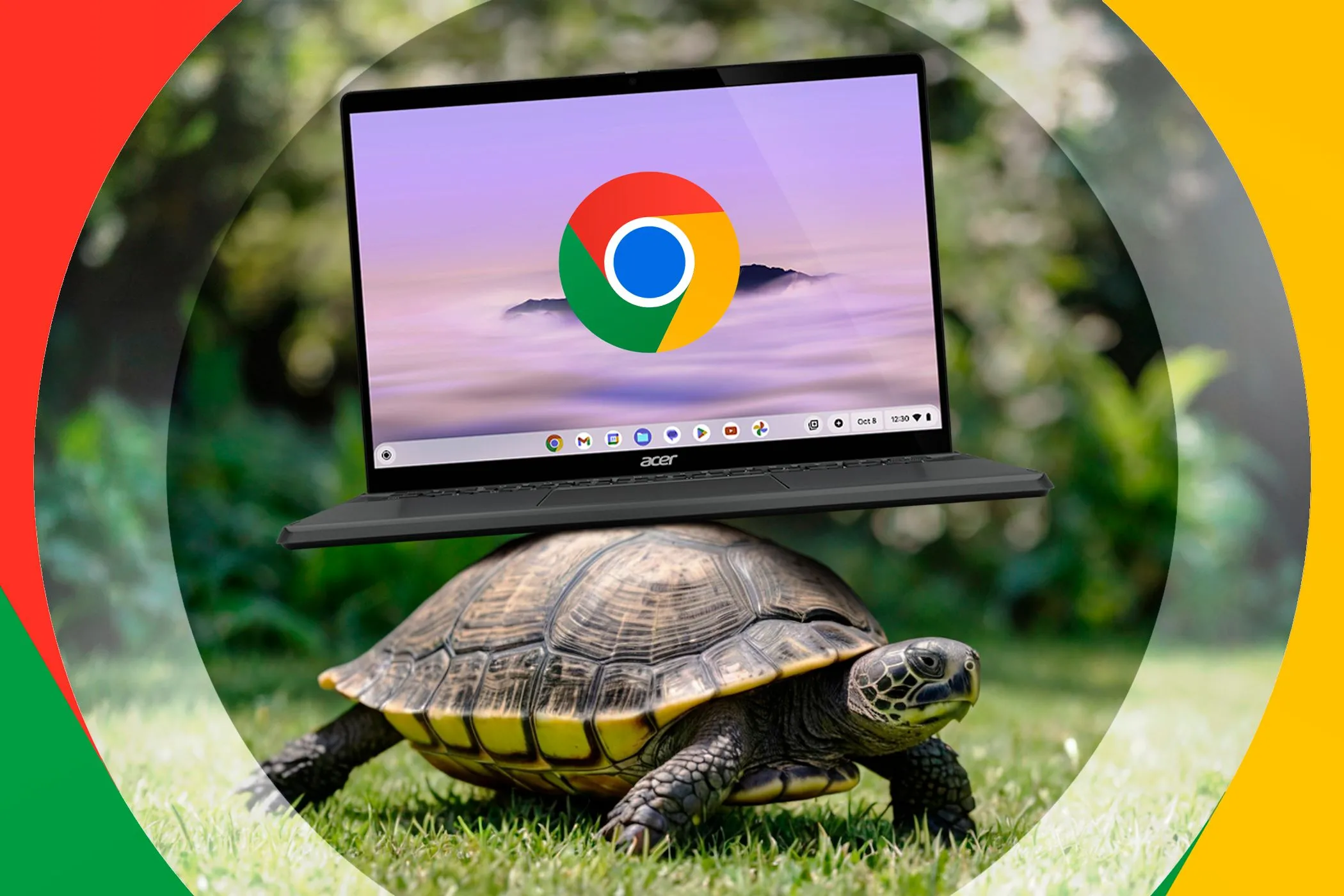 Một con rùa cõng chiếc Chromebook trên mai, tượng trưng cho hiệu năng chậm khi xử lý các tác vụ nặng trên ChromeOS