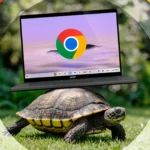 Một con rùa đang cõng laptop Chromebook trên lưng, tượng trưng cho sự chậm chạp khi bộ nhớ cache đầy.