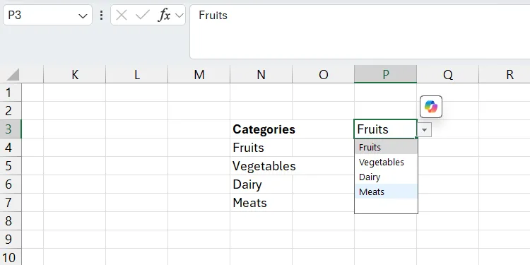 Một danh sách thả xuống với khoảng trống thừa ở cuối trong Excel.