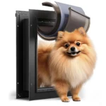 Một hình ảnh AI về chú chó bước qua cửa dành cho thú cưng, minh họa sự giả mạo trong quảng cáo sản phẩm.