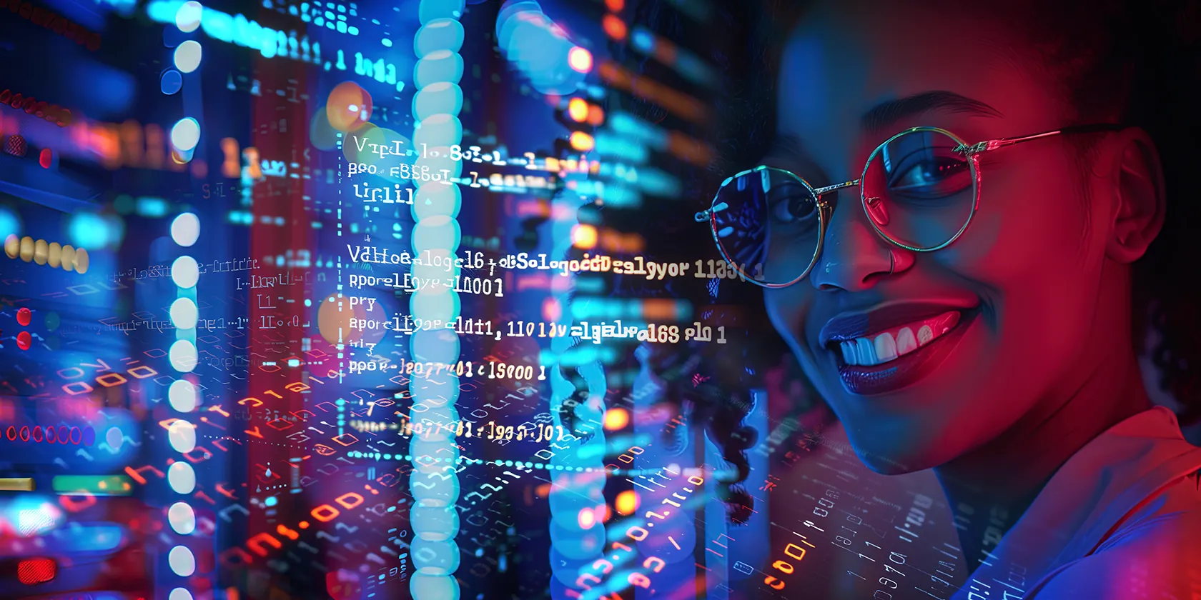 Một lập trình viên nữ đang tập trung làm việc trên máy tính, xung quanh là màn hình hiển thị các dòng mã code, thể hiện không gian làm việc chuyên biệt dành cho lập trình.