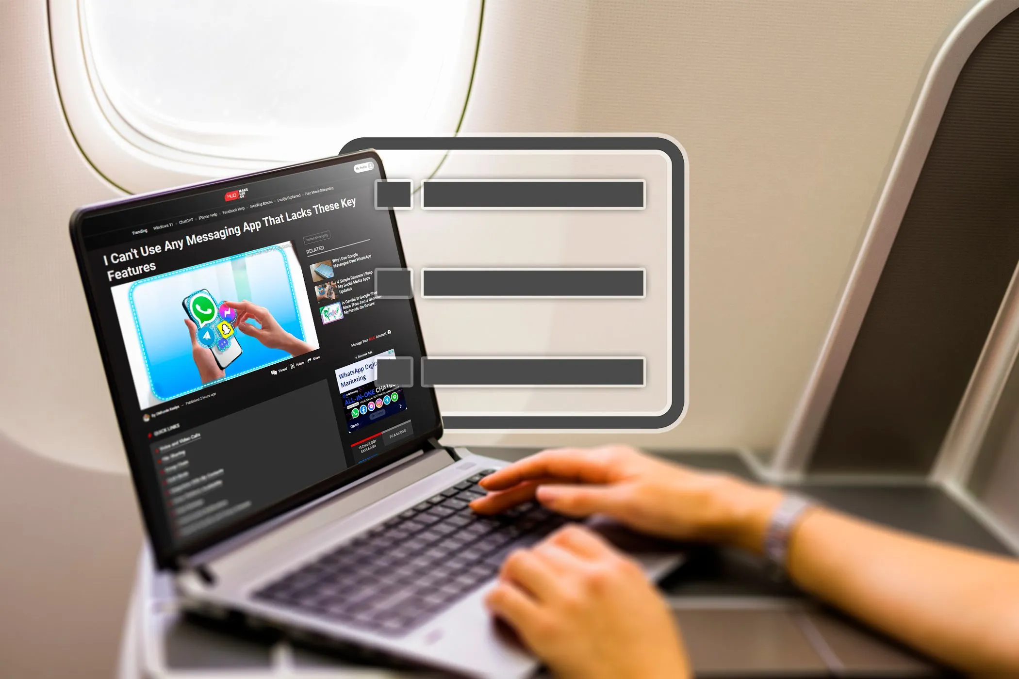 Một người đang sử dụng laptop trên máy bay, bên cạnh biểu tượng Reading List của Chrome, minh họa việc đọc nội dung ngoại tuyến.