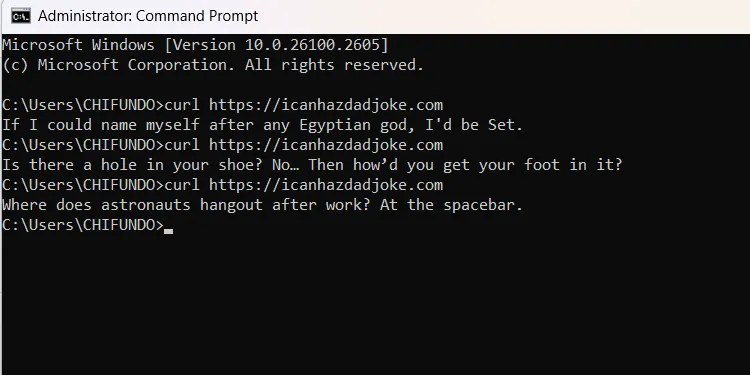 Một truyện cười ngẫu nhiên được hiển thị trên Command Prompt sau khi chạy lệnh curl