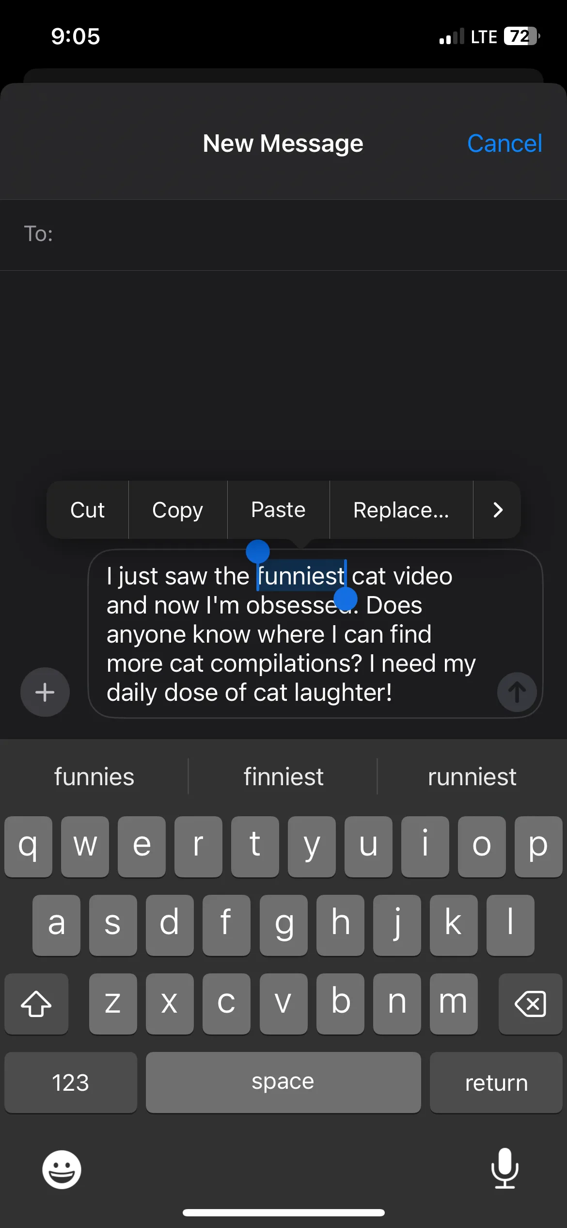 Một từ được chọn trên bàn phím iPhone với các tùy chọn chỉnh sửa văn bản.