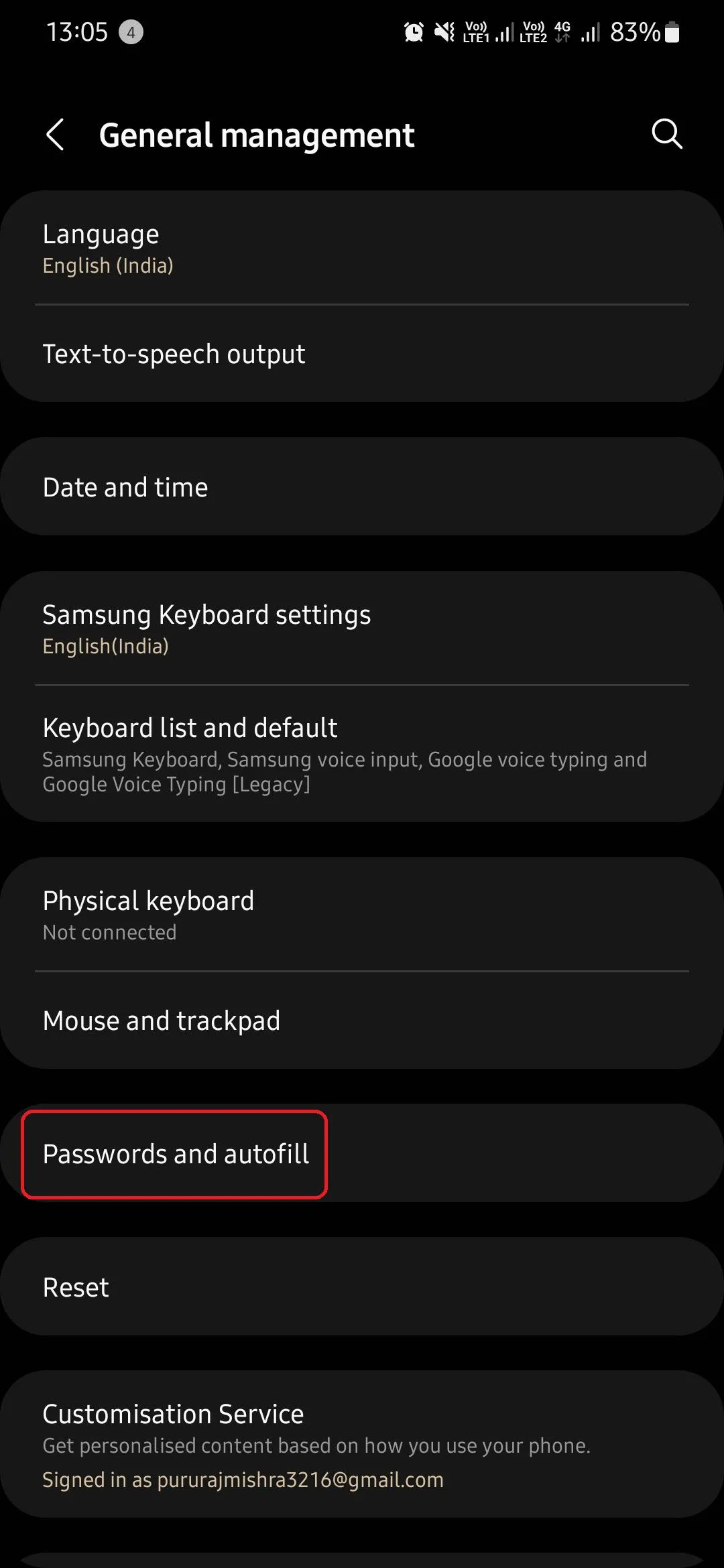 Mục Mật khẩu và tự động điền trong cài đặt Quản lý chung của điện thoại Samsung Galaxy