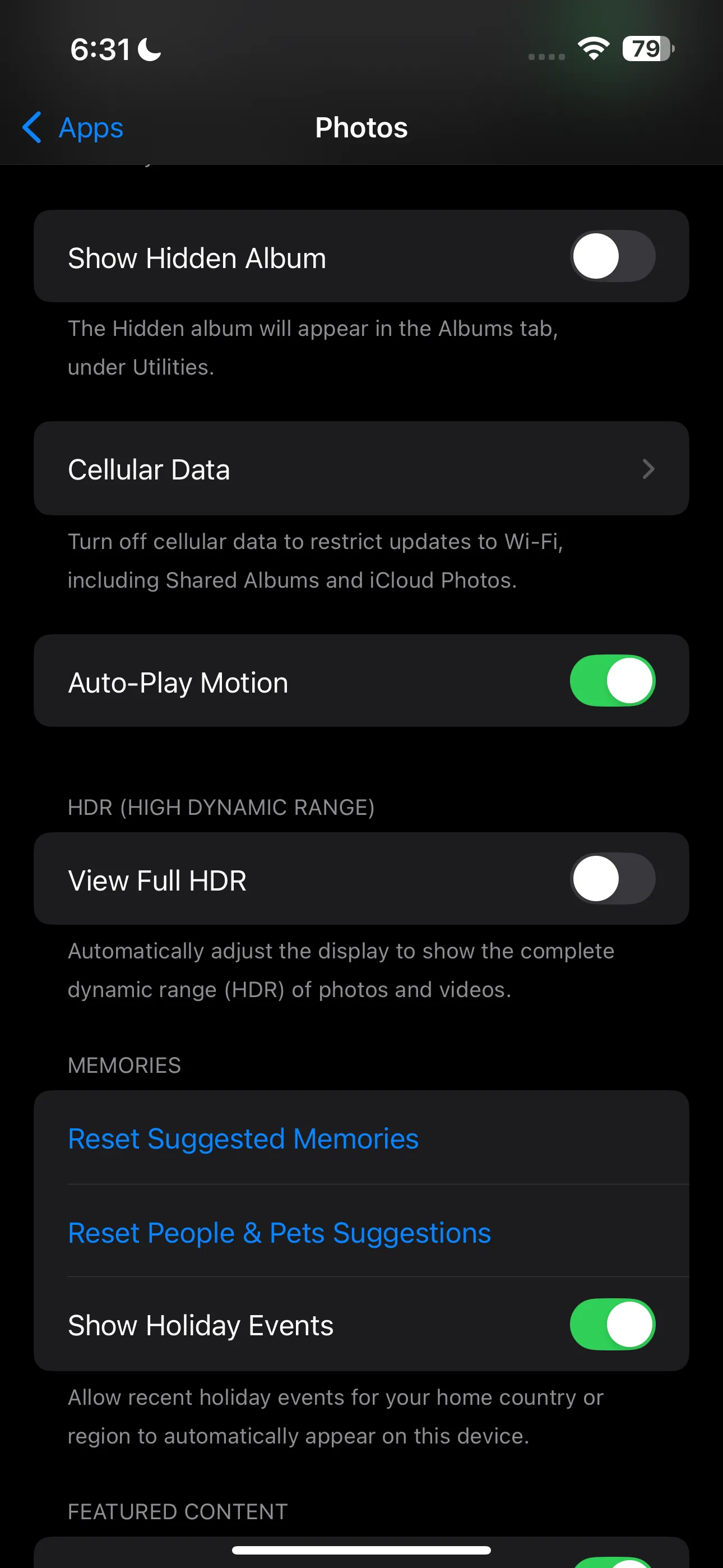 Mục ứng dụng Ảnh trong Cài đặt iPhone