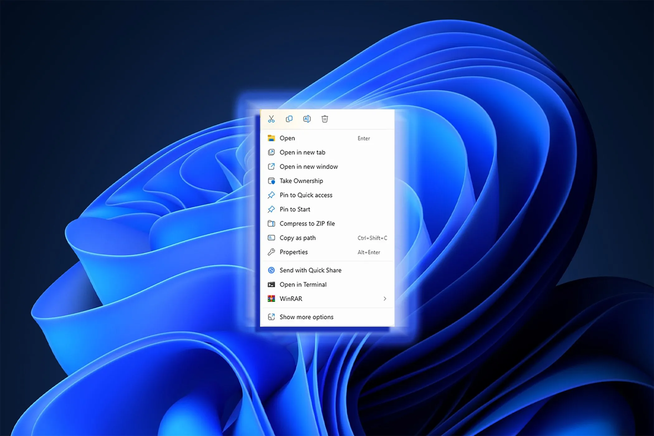 Nền xanh mặc định Windows 11 với menu chuột phải ngữ cảnh