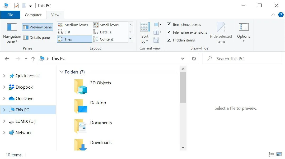 Ngăn xem trước (Preview pane) đang mở trong File Explorer của Windows 10, cần vô hiệu hóa để khắc phục lỗi file.