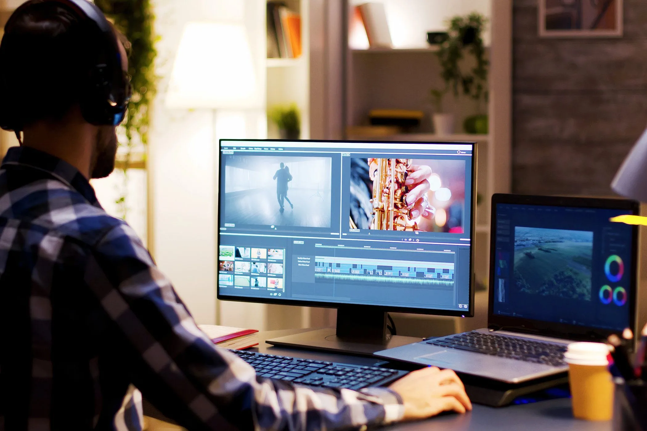 Người đàn ông đang chỉnh sửa video trên máy tính, biểu thị công việc đòi hỏi màn hình có độ sắc nét cao và mật độ điểm ảnh lớn.