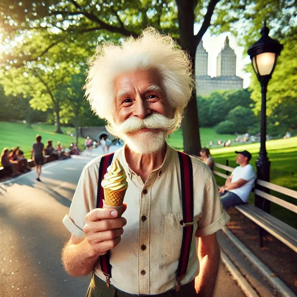 Người đàn ông giống Einstein đang ăn kem tại Công viên Trung tâm, hình ảnh được tạo bởi DALL-E 3.