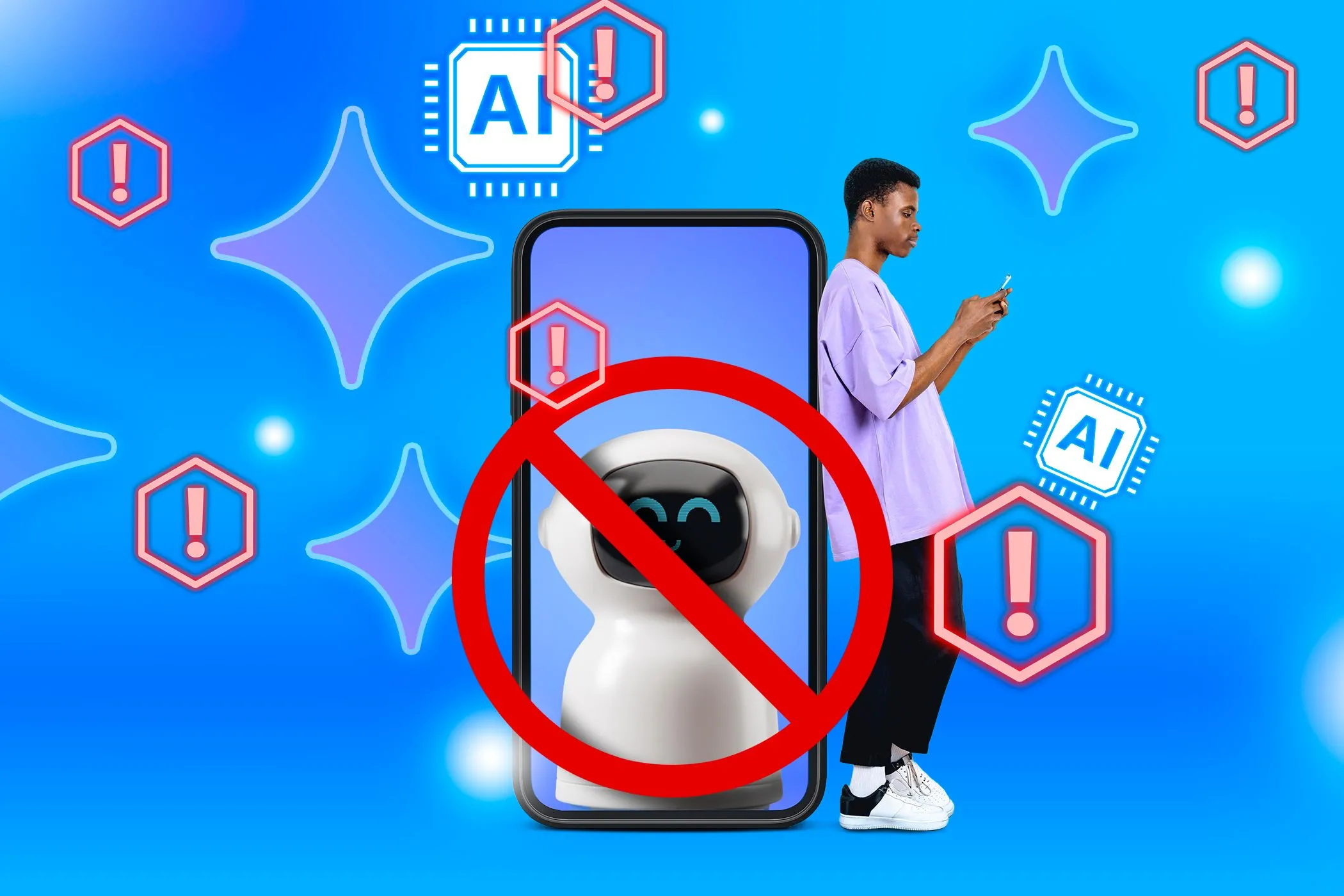 Người đàn ông sử dụng điện thoại với hình ảnh robot AI bị cấm, tượng trưng cho những giới hạn và thách thức đạo đức của tác nhân AI