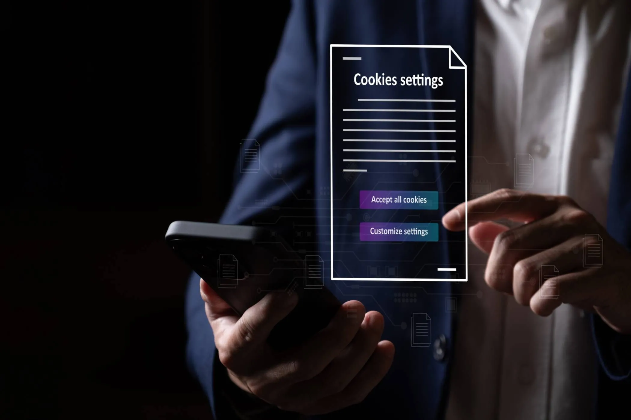 Người dùng Android cầm điện thoại hiển thị tùy chọn đồng ý cookie, minh họa về quyền riêng tư và theo dõi dữ liệu
