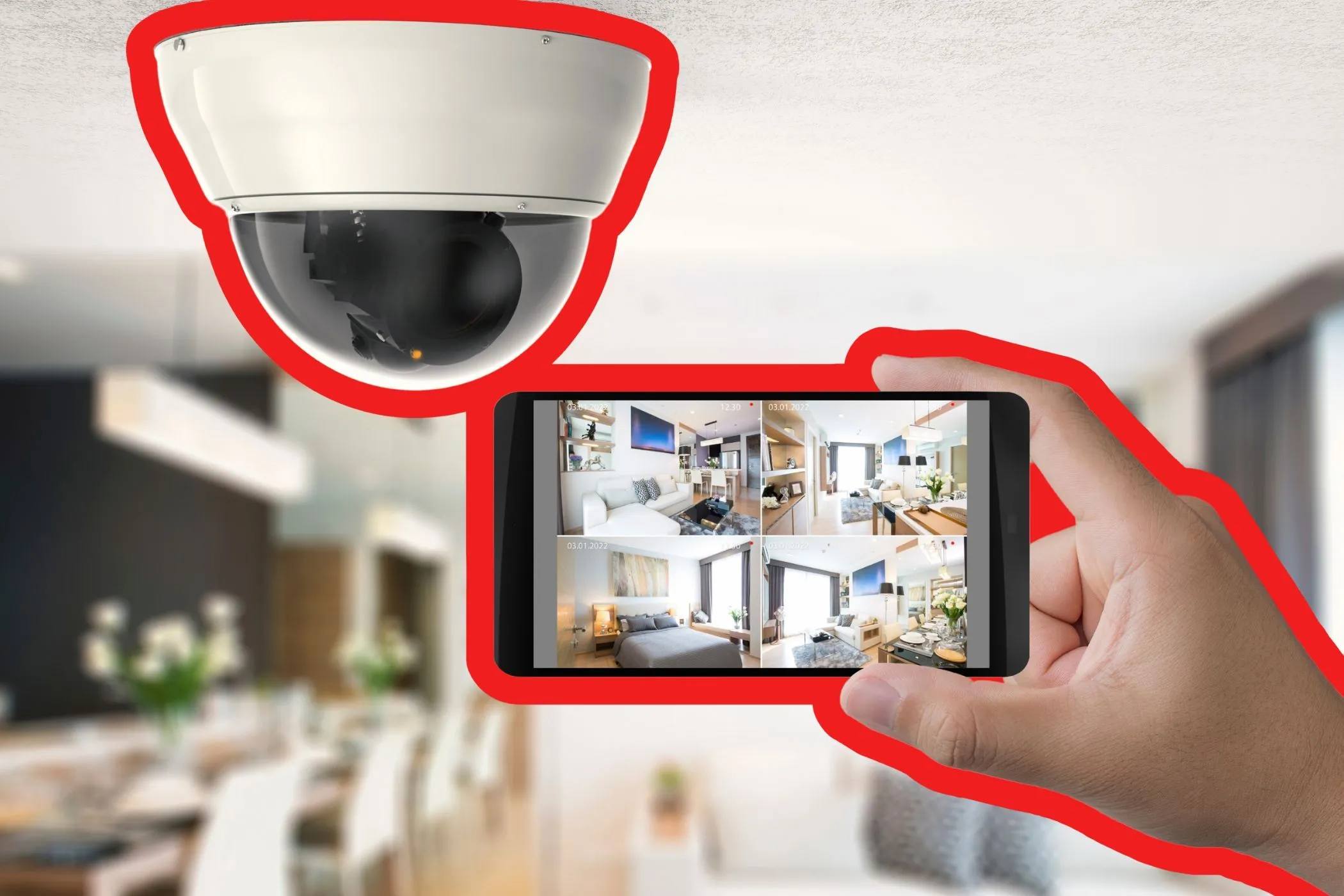 Người dùng cầm điện thoại thông minh xem nguồn cấp dữ liệu trực tiếp từ camera an ninh thông minh, nhấn mạnh khả năng giám sát từ xa