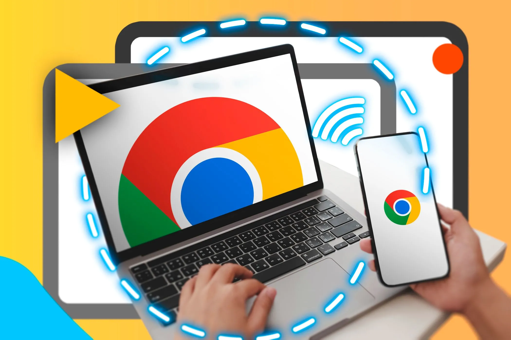Người dùng đang cầm điện thoại và máy tính xách tay hiển thị logo Google Chrome, minh họa khả năng đồng bộ và hiệu suất của trình duyệt Chrome.