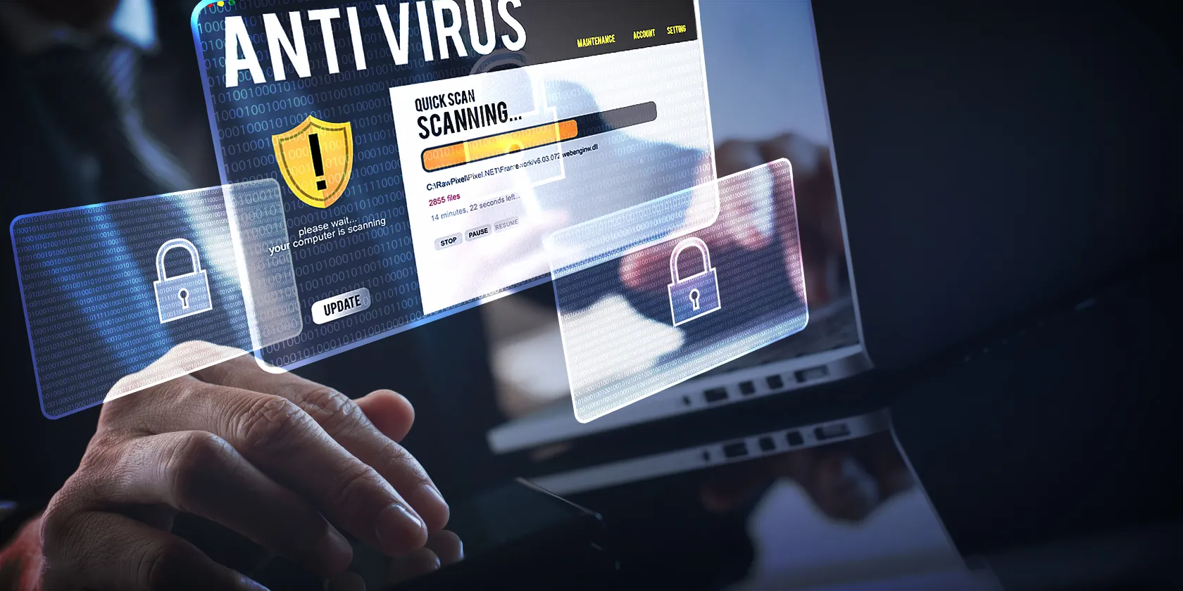 Người dùng đang kiểm tra máy tính bằng phần mềm diệt virus, minh họa tầm quan trọng của việc sử dụng giải pháp chống ransomware đáng tin cậy.