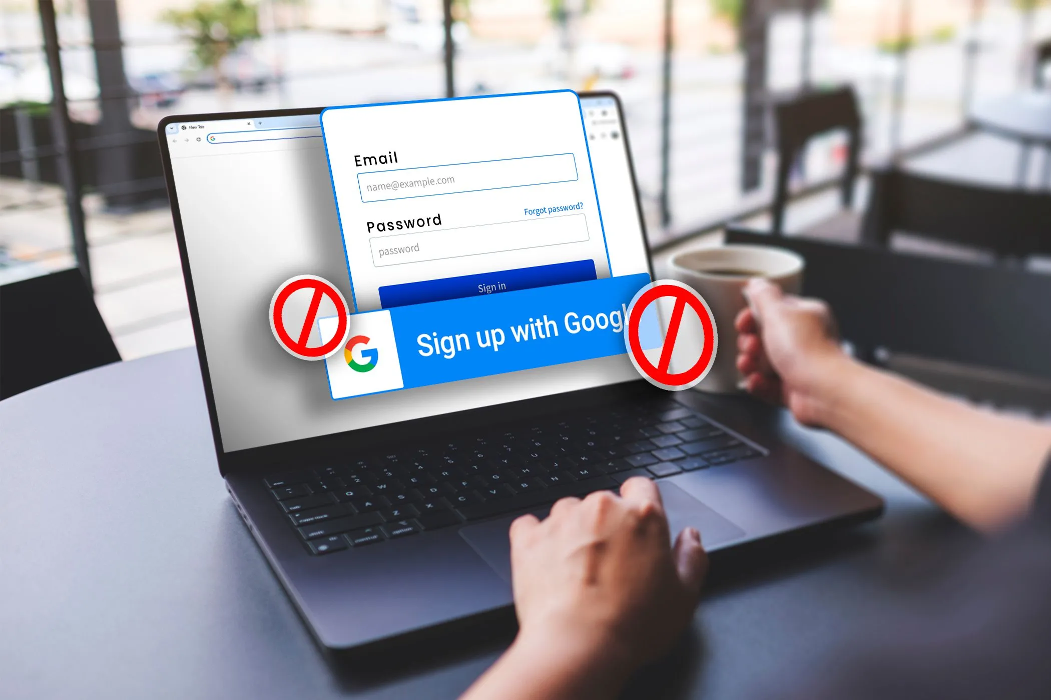 Người dùng đang làm việc trên laptop, màn hình hiển thị cửa sổ đăng nhập với nút &quot;Đăng nhập bằng Google&quot; bị gạch bỏ, tượng trưng cho việc tạo tài khoản ẩn danh
