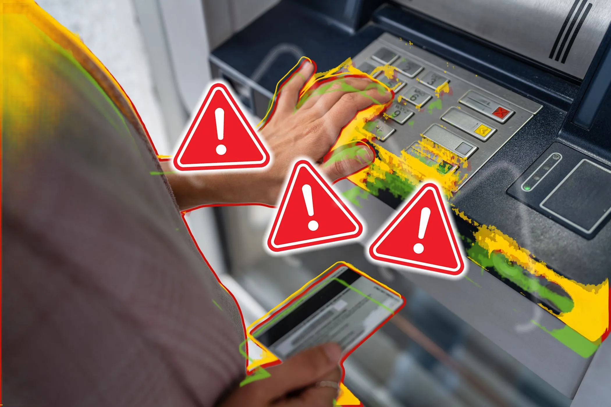 Người dùng đang nhét thẻ ngân hàng vào cây ATM với các biểu tượng cảnh báo lừa đảo thẻ tín dụng