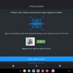 Người dùng đang thêm trình xác thực Steam Guard vào ứng dụng Steam Mobile trên điện thoại để tăng cường bảo mật tài khoản.