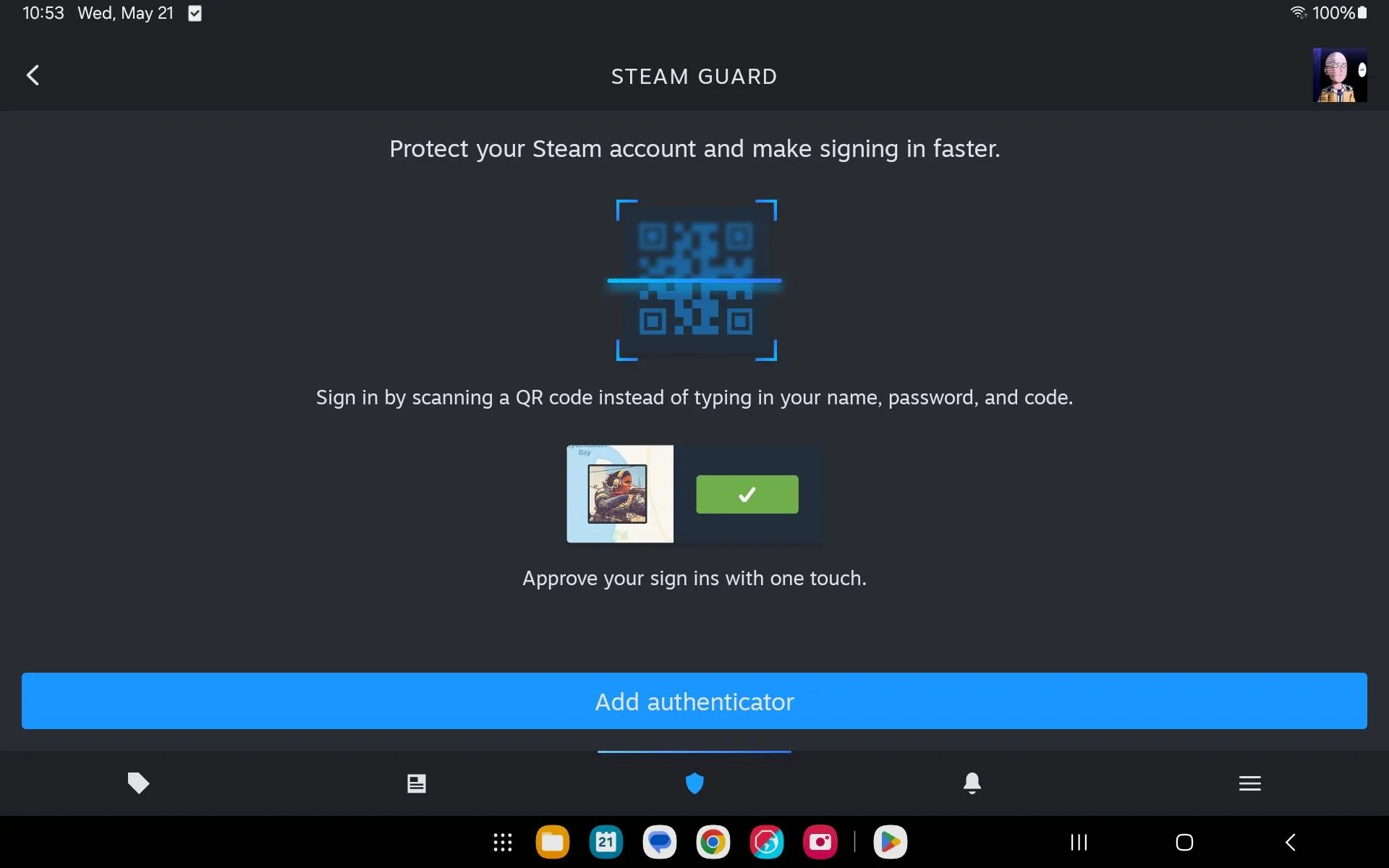 Người dùng đang thêm trình xác thực Steam Guard vào ứng dụng Steam Mobile trên điện thoại để tăng cường bảo mật tài khoản.