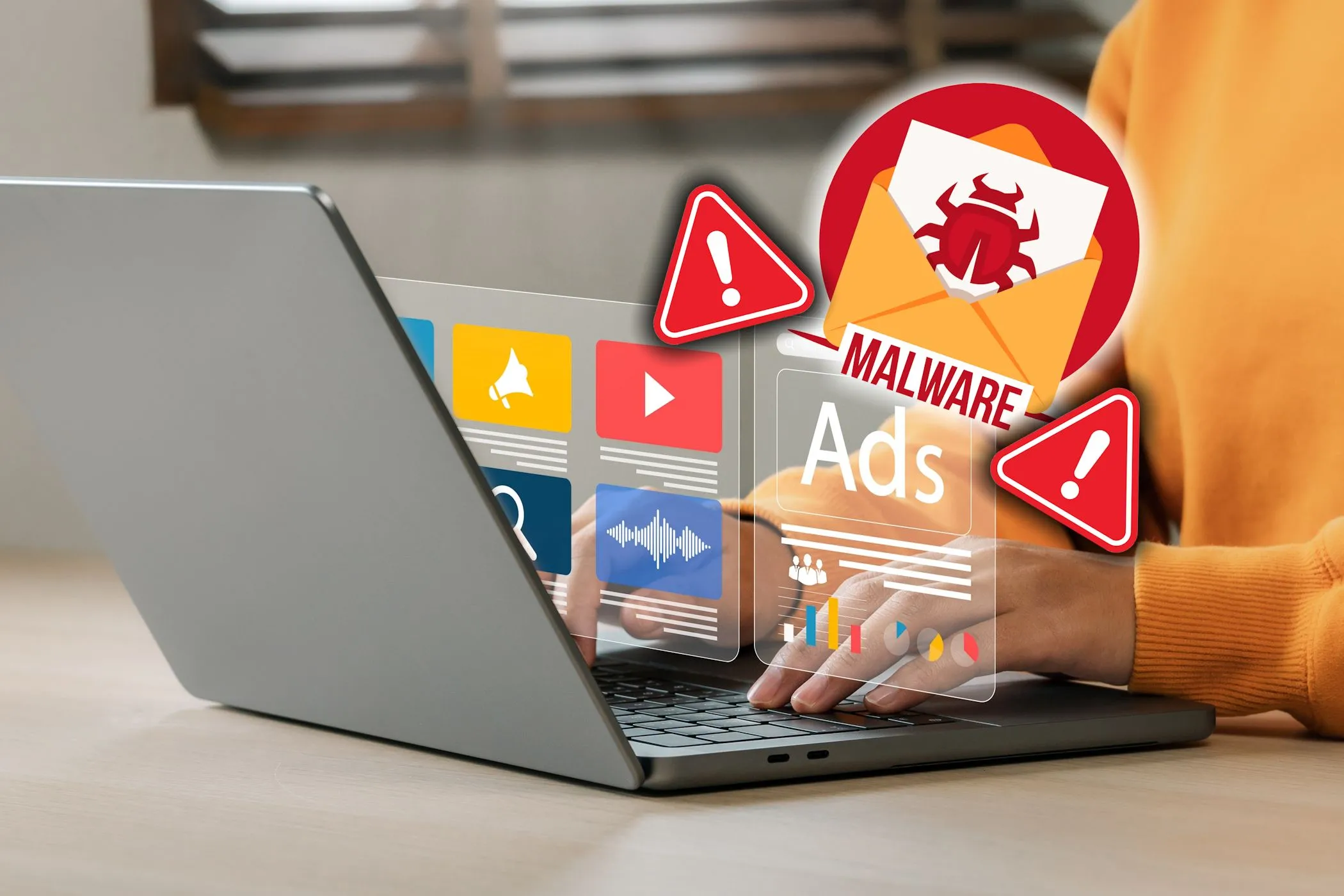 Người dùng duyệt web trên laptop với dấu hiệu malware