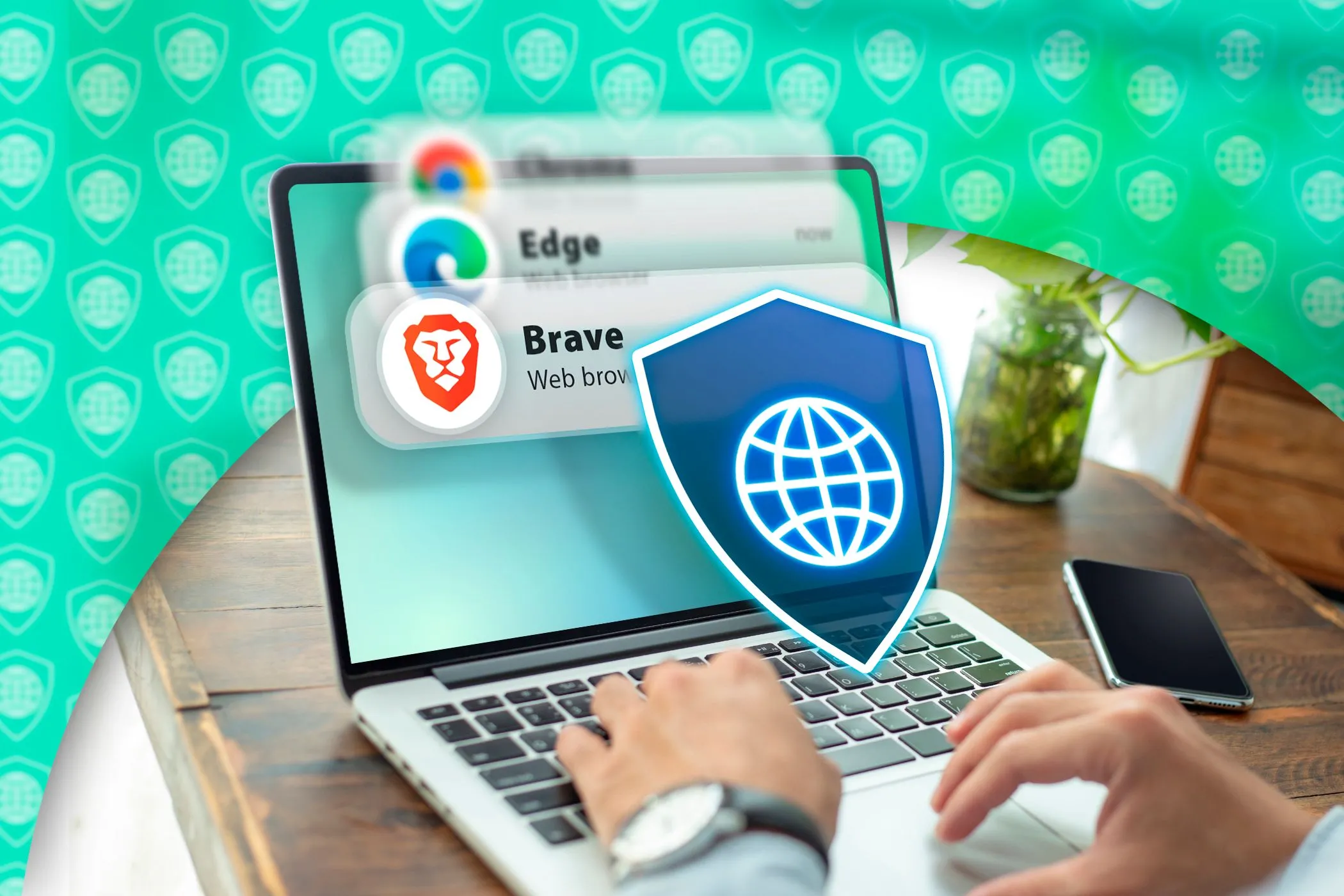 Người dùng làm việc trên laptop với biểu tượng các trình duyệt và khiên bảo mật, thể hiện tầm quan trọng của việc cập nhật trình duyệt để vá lỗi bảo mật và nâng cao trải nghiệm.