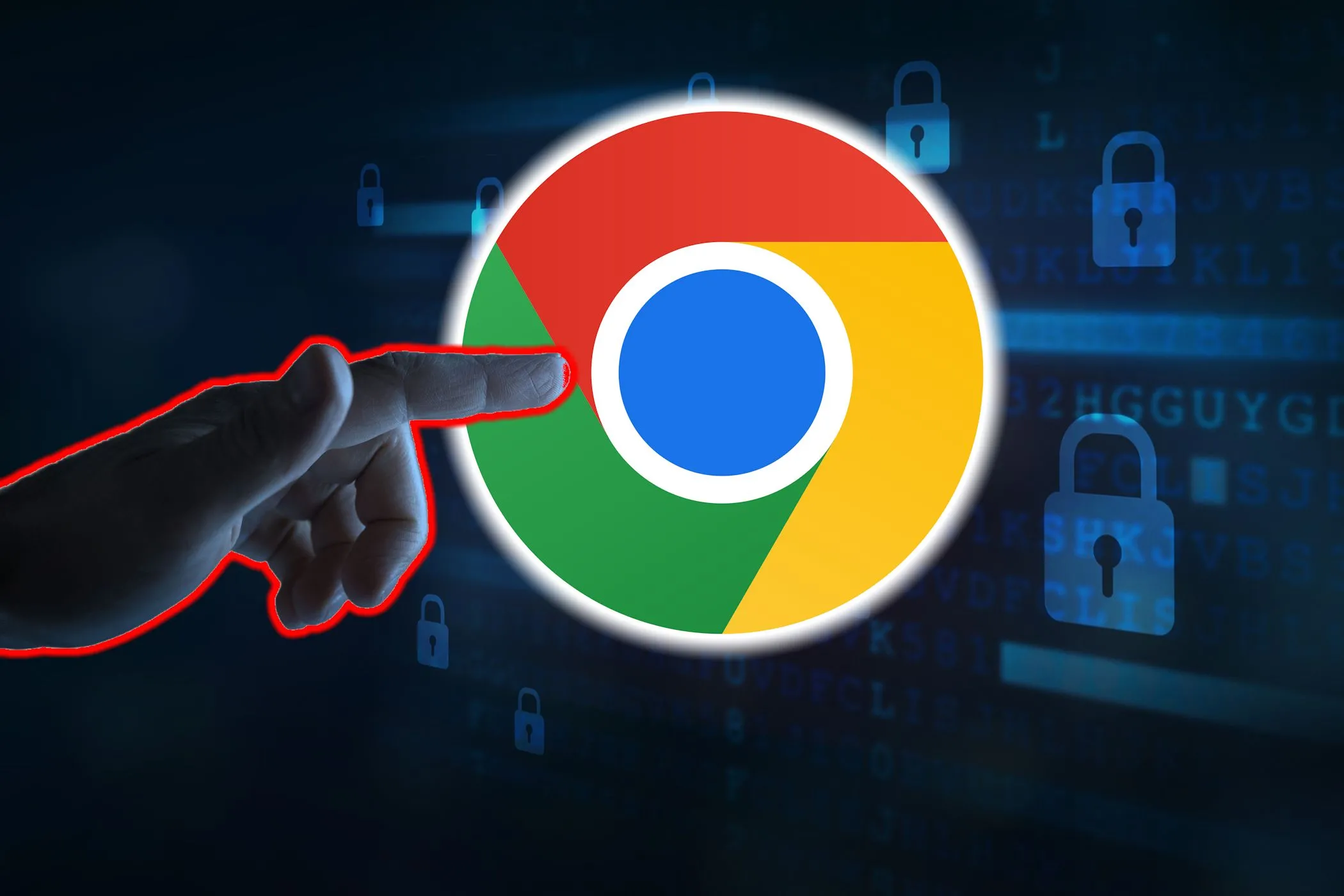 Người dùng thao tác trên máy tính, biểu tượng Google Chrome và mã độc tấn công an ninh mạng