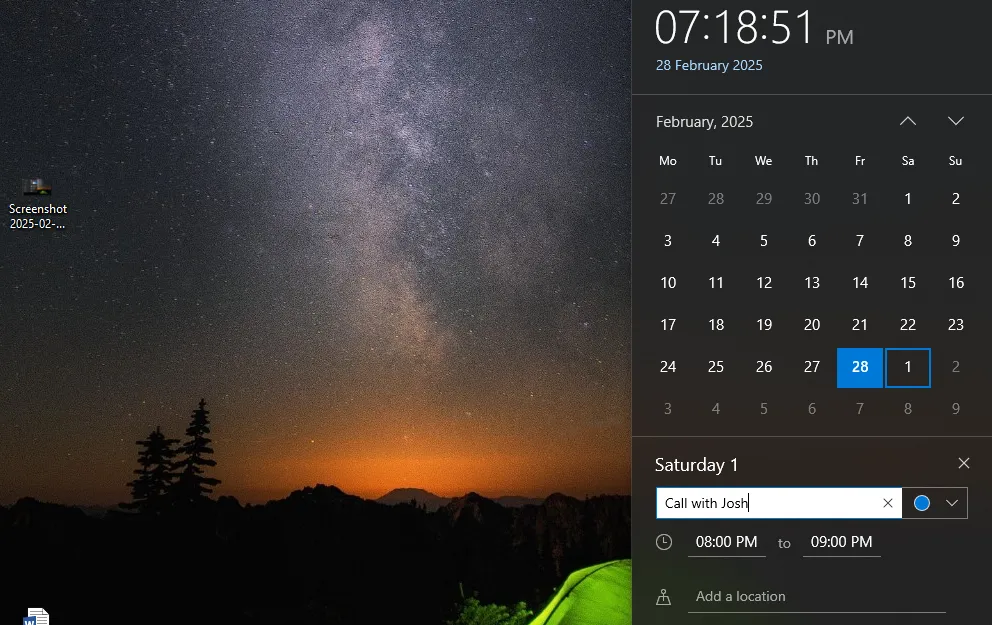 Người dùng thêm sự kiện mới trực tiếp từ lịch tích hợp trên thanh tác vụ Windows 10, minh họa tính năng tiện lợi