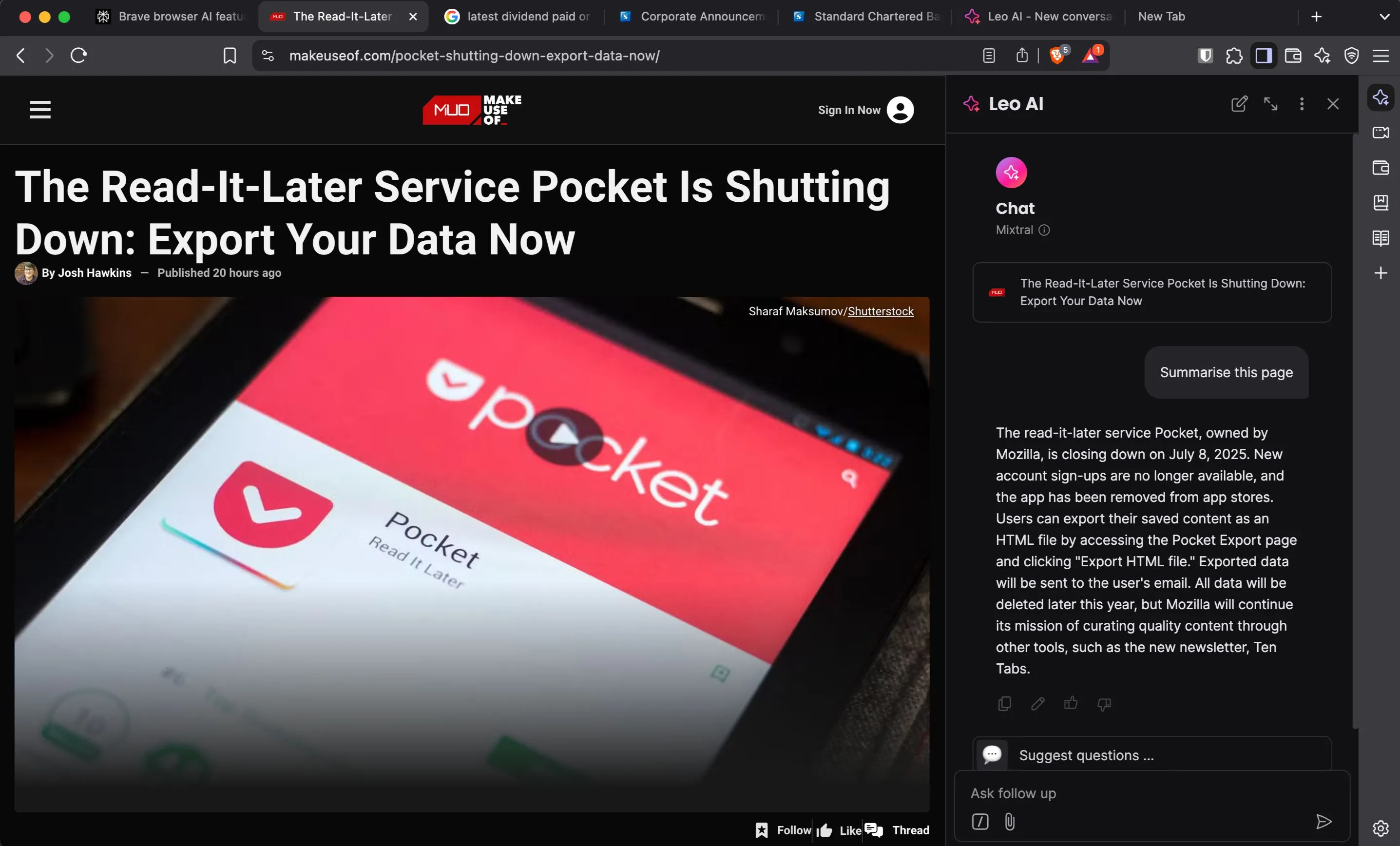Người dùng tương tác với trợ lý AI Leo của Brave Browser qua thanh bên, làm nổi bật tính năng AI tích hợp.