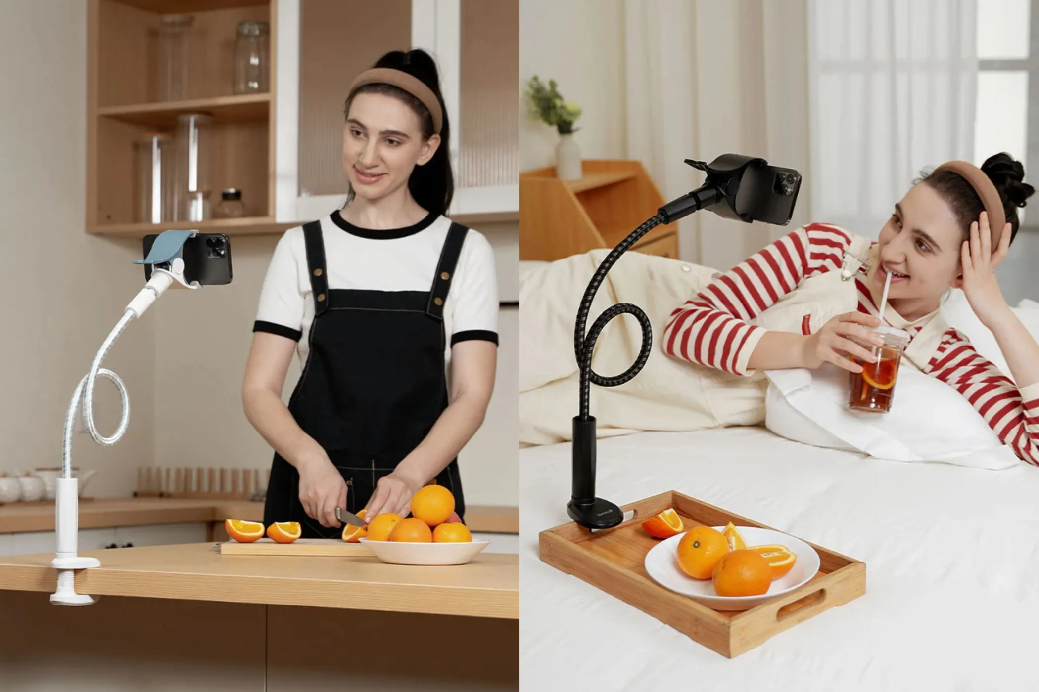 Người phụ nữ rảnh tay xem điện thoại bằng giá đỡ cổ ngỗng Lamicall khi nấu ăn