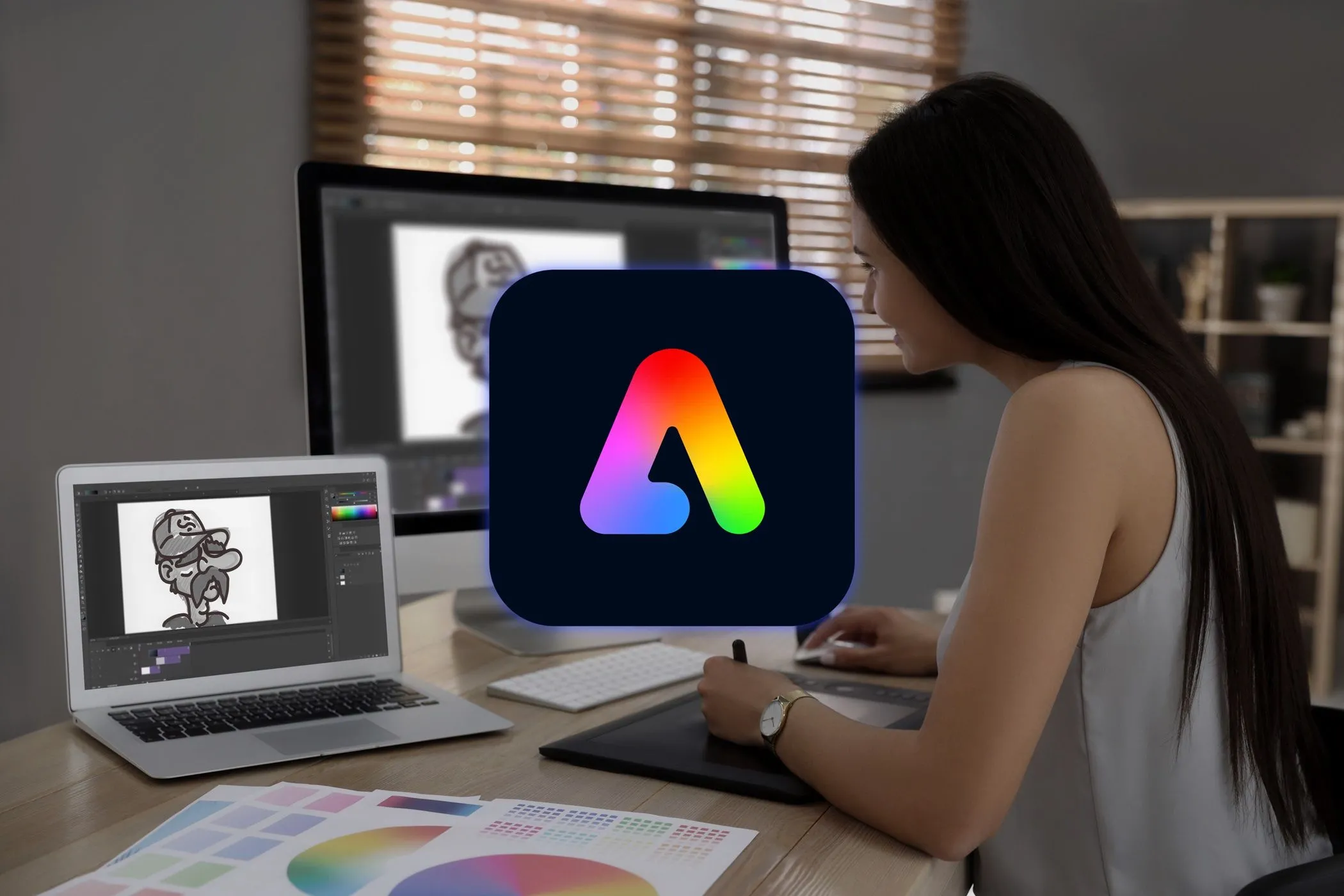 Người phụ nữ sử dụng máy tính xách tay với logo Adobe Express, minh họa tính năng chỉnh sửa ảnh AI hàng loạt của Adobe Firefly
