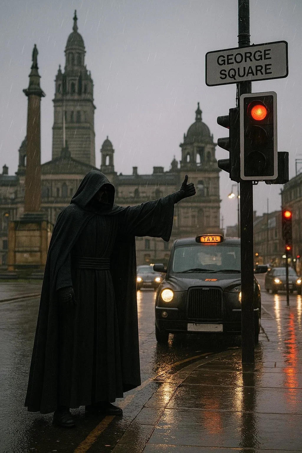 Nhân vật giống Sith Lord gọi taxi ở Glasgow trong hình ảnh ChatGPT 4o, tạo không khí u ám và chân thực nhưng có lỗi chính tả biển taxi