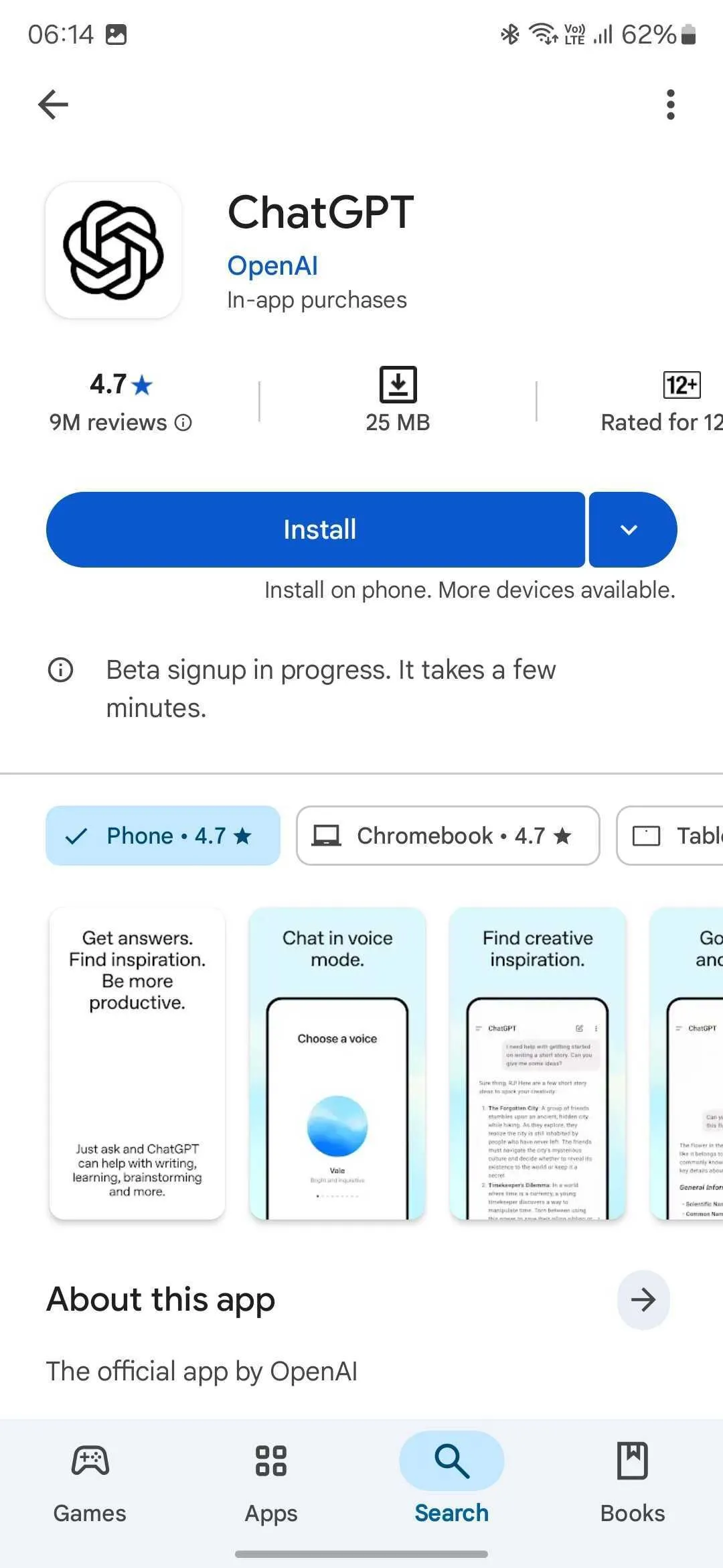 Nút cài đặt ứng dụng ChatGPT phiên bản beta trên Google Play